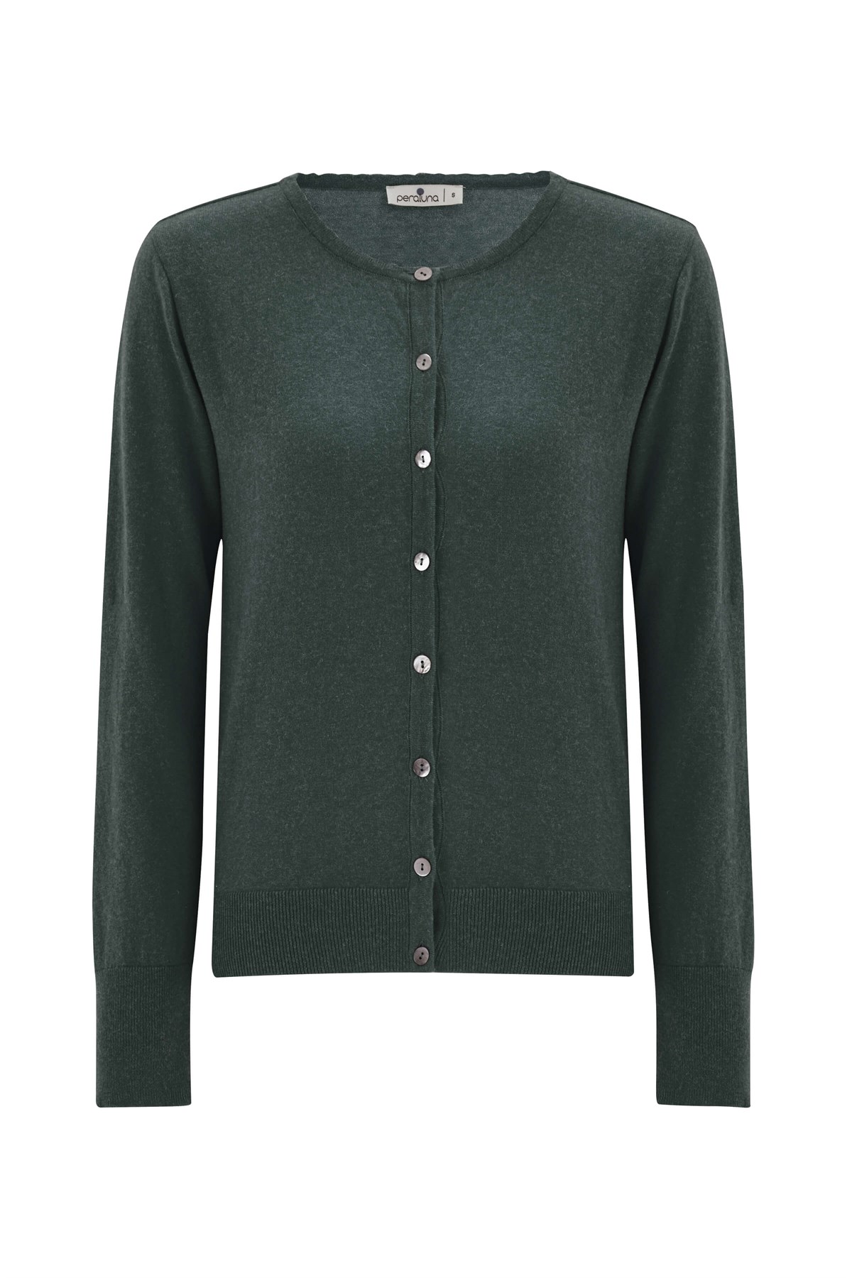 Peraluna Pamuklu Bisiklet Yaka Basic Kadın Triko Hırka Koyu Yeşil Melanj