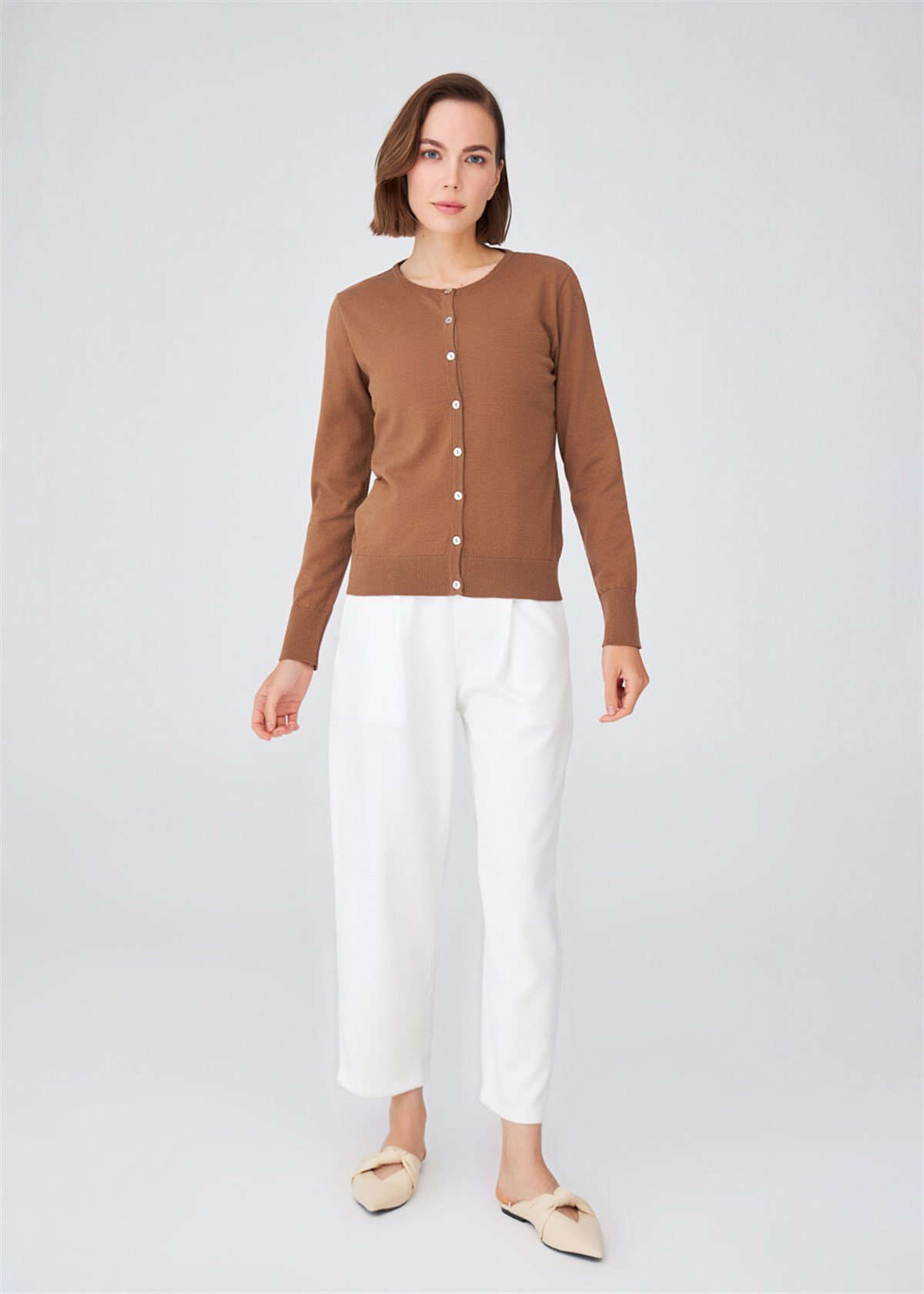 Peraluna Cotton O-Neck Basic Women's Knitwear Cardigan - Camel