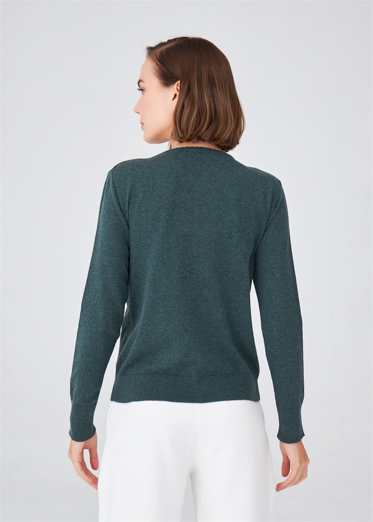 Peraluna Pamuklu Bisiklet Yaka Basic Kadın Triko Hırka Koyu Yeşil Melanj