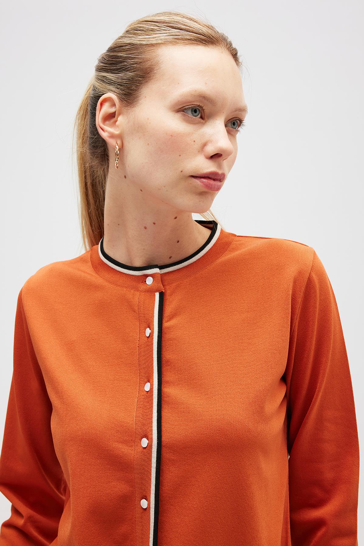 Peraluna Paris, Çizgi Detaylı Kadın Triko Hırka  - Yanık Turuncu