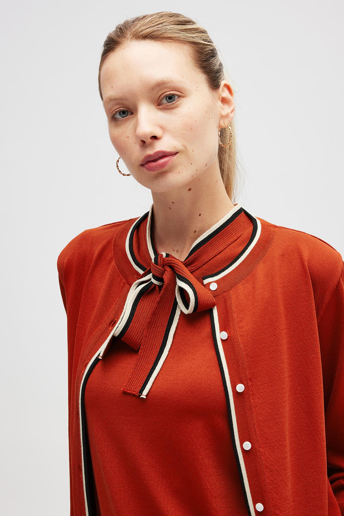 Peraluna Paris, Çizgi Detaylı Kadın Triko Hırka  - Kiremit