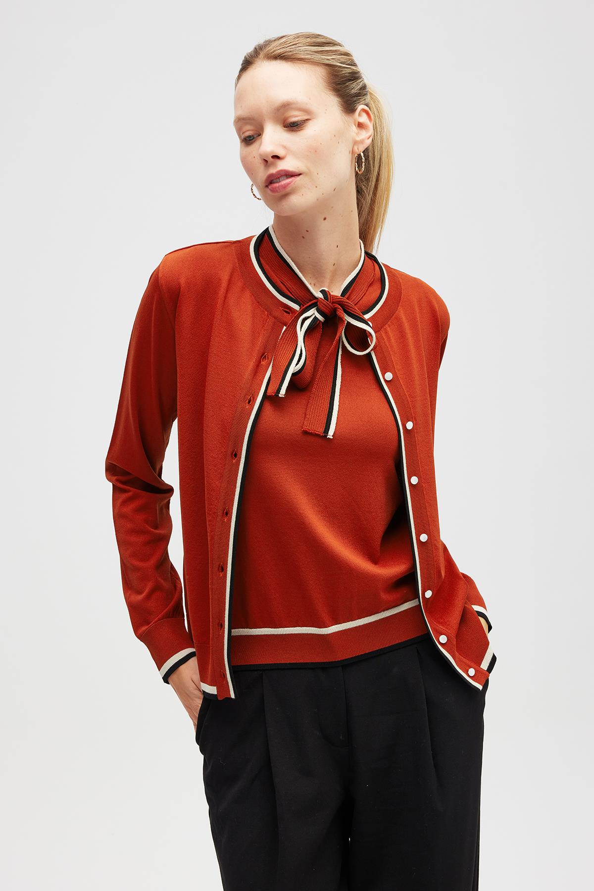 Peraluna Paris, Çizgi Detaylı Kadın Triko Hırka  - Kiremit