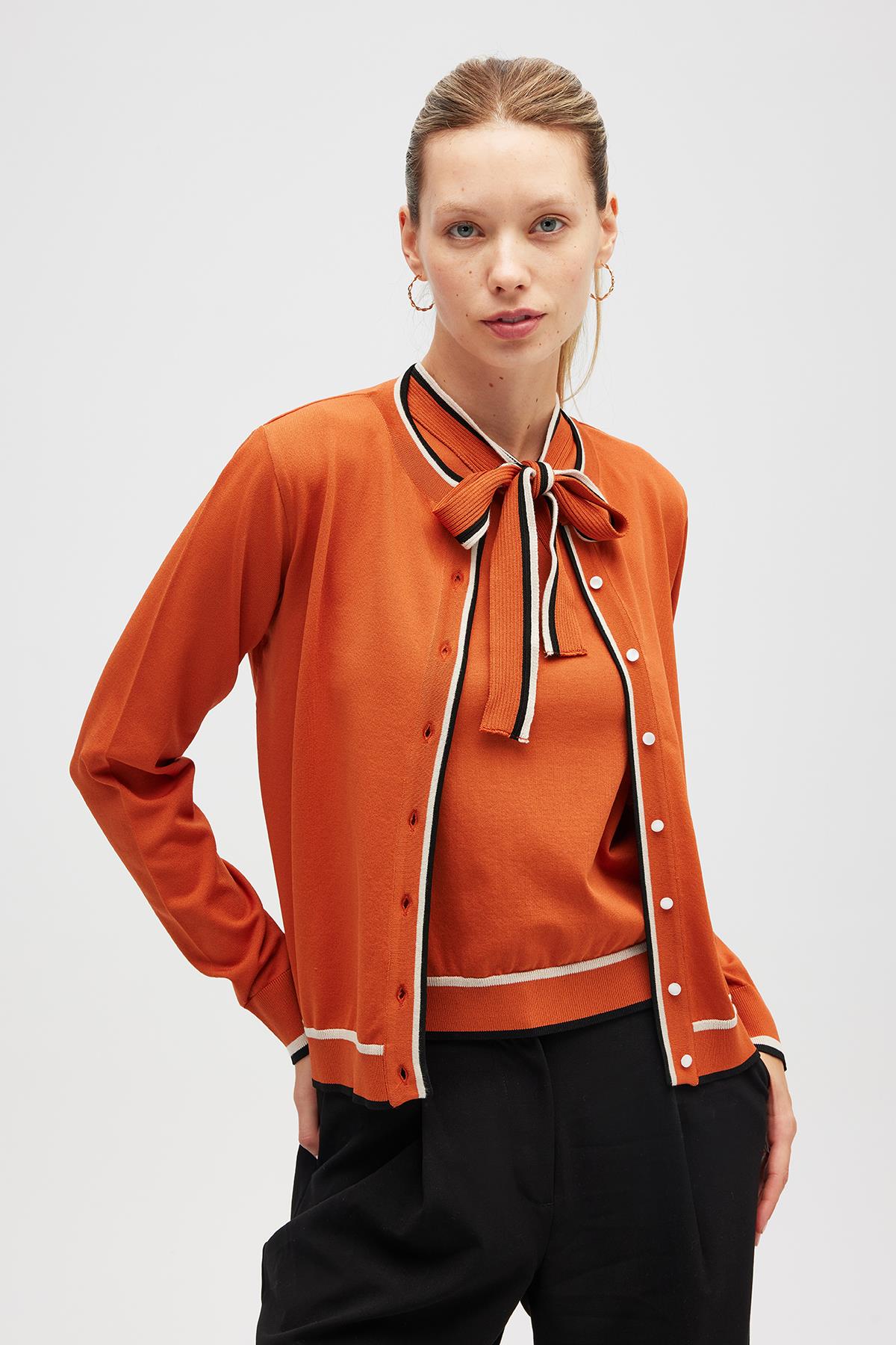 Peraluna Paris, Çizgi Detaylı Kadın Triko Hırka  - Yanık Turuncu