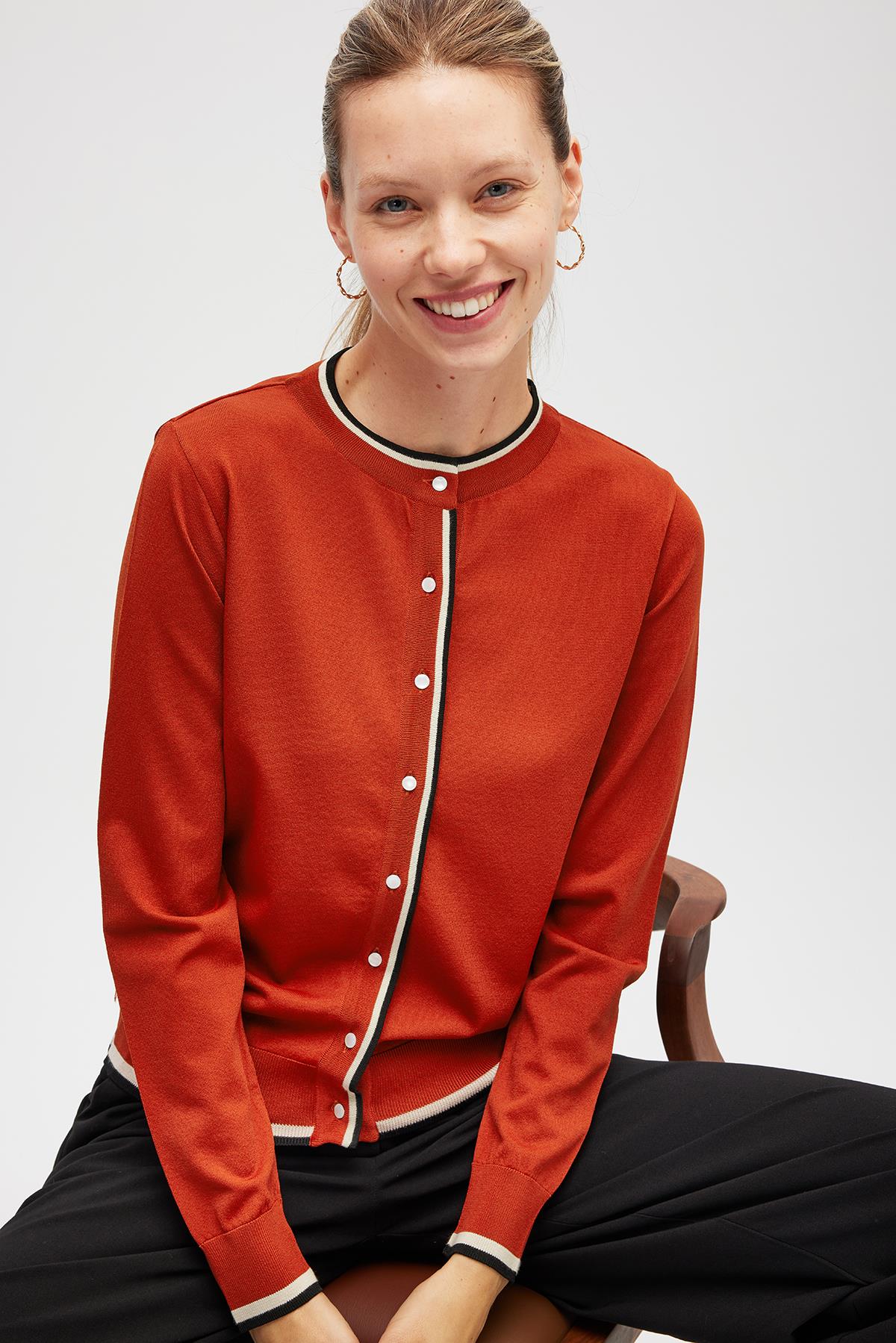 Peraluna Paris, Çizgi Detaylı Kadın Triko Hırka  - Kiremit