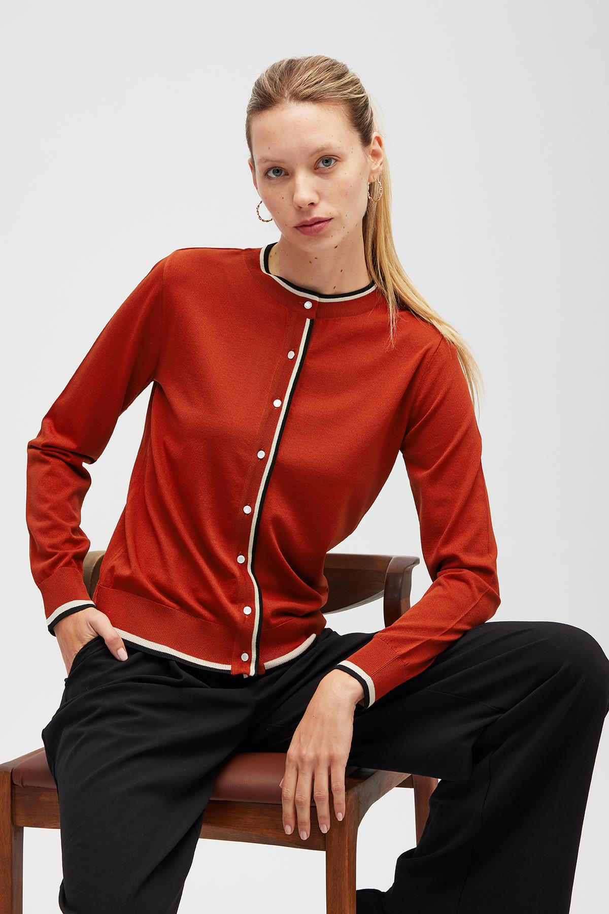 Peraluna Paris, Çizgi Detaylı Kadın Triko Hırka  - Kiremit