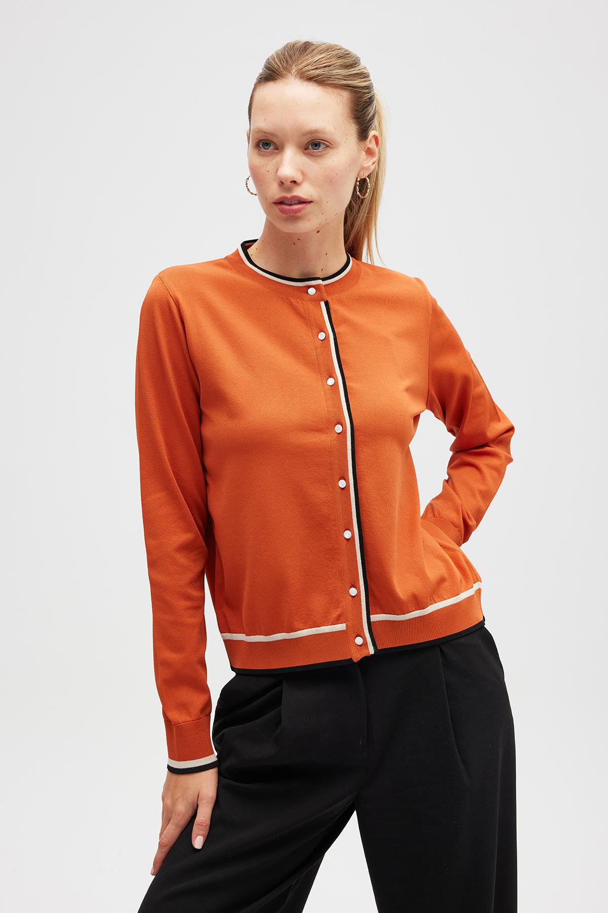 Peraluna Paris, Çizgi Detaylı Kadın Triko Hırka  - Yanık Turuncu