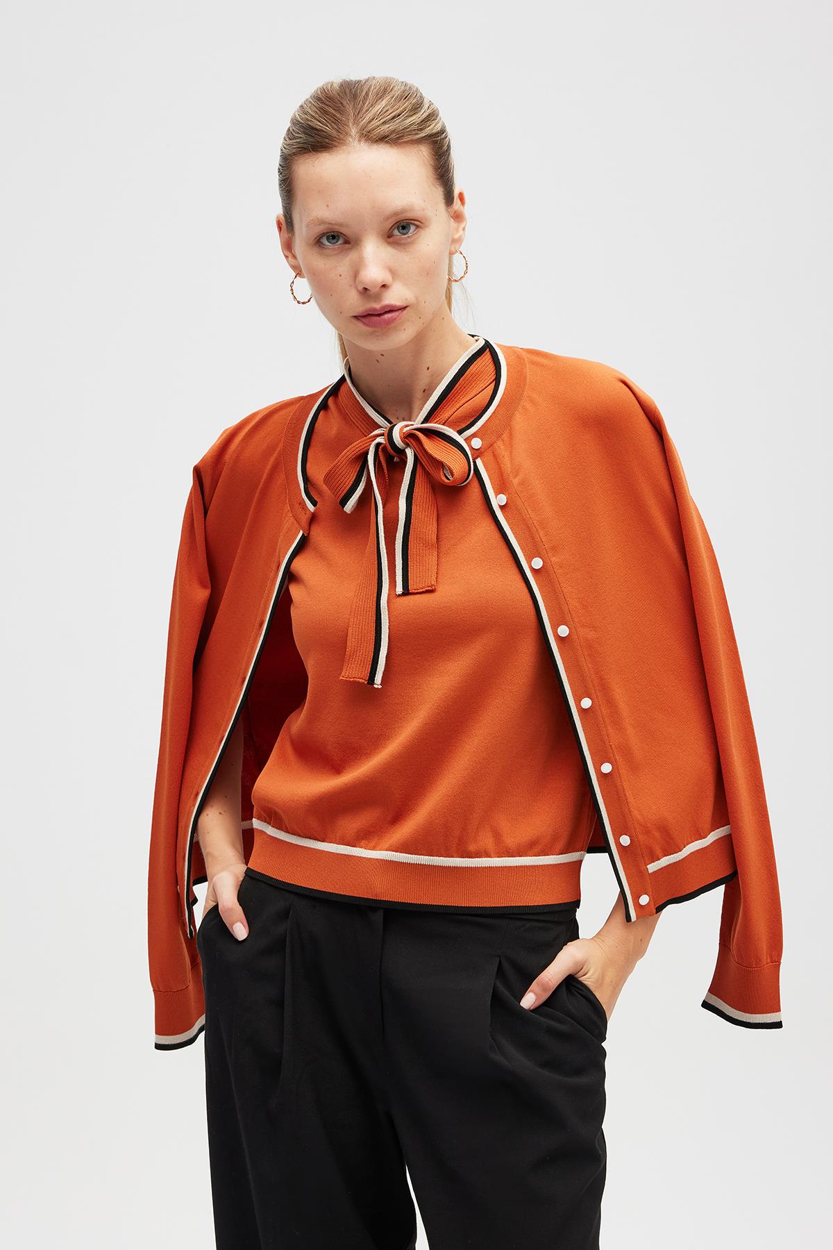 Peraluna Paris, Çizgi Detaylı Kadın Triko Hırka  - Yanık Turuncu