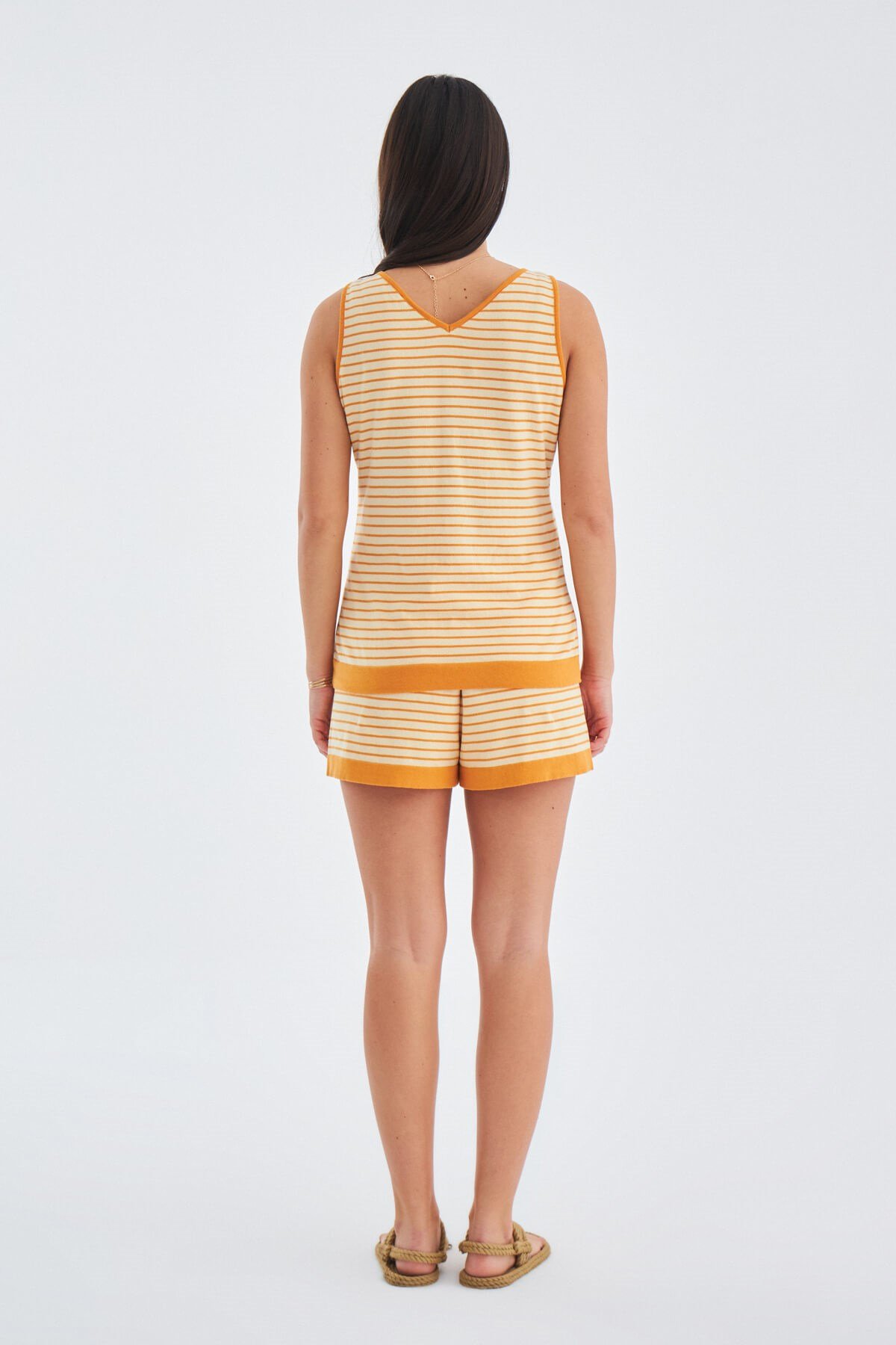 Peraluna PARU TOP & SHORTS Pamuklu Yazlık Kadın Triko Şort Takım Bej/Turuncu