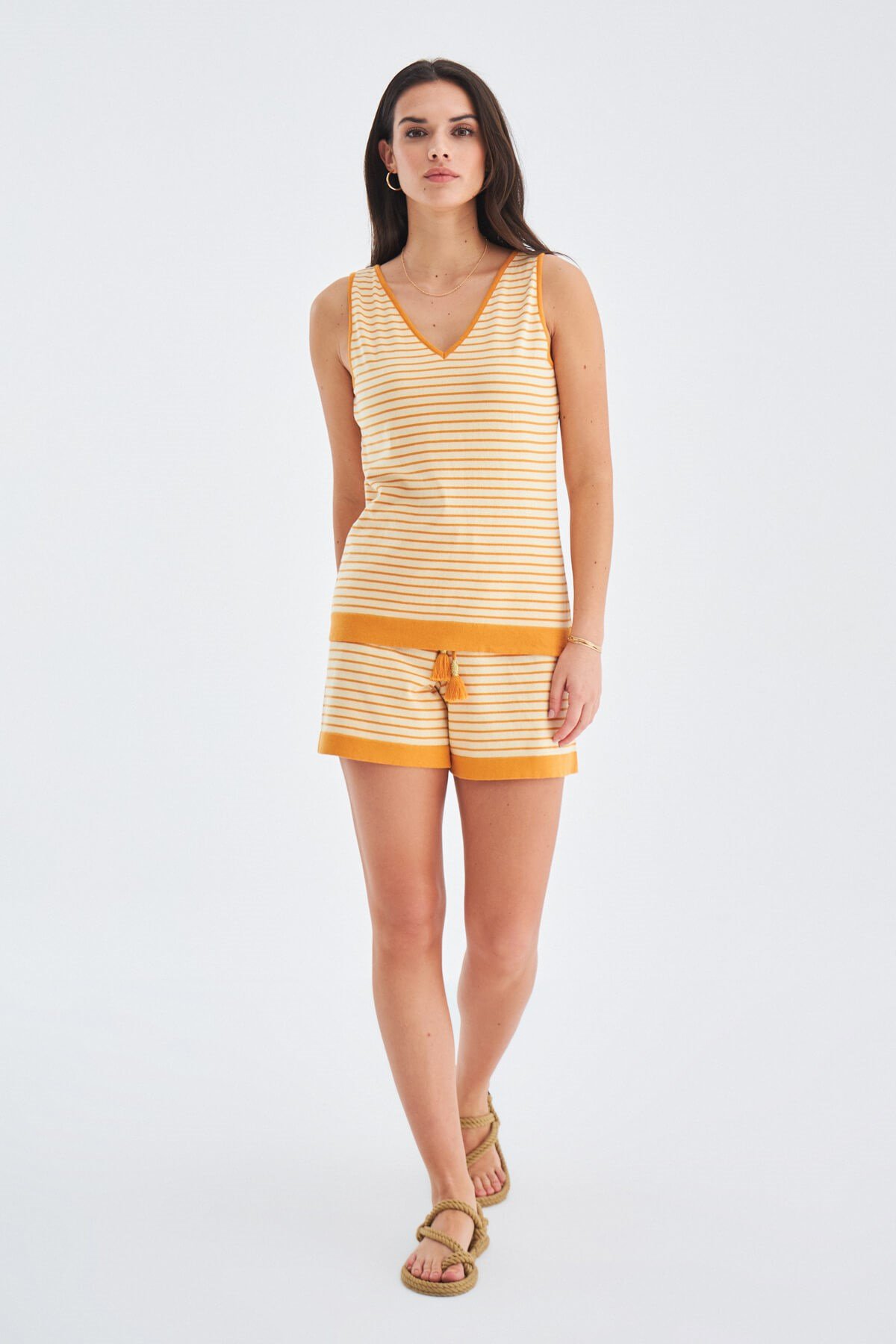Peraluna PARU TOP & SHORTS Pamuklu Yazlık Kadın Triko Şort Takım Bej/Turuncu