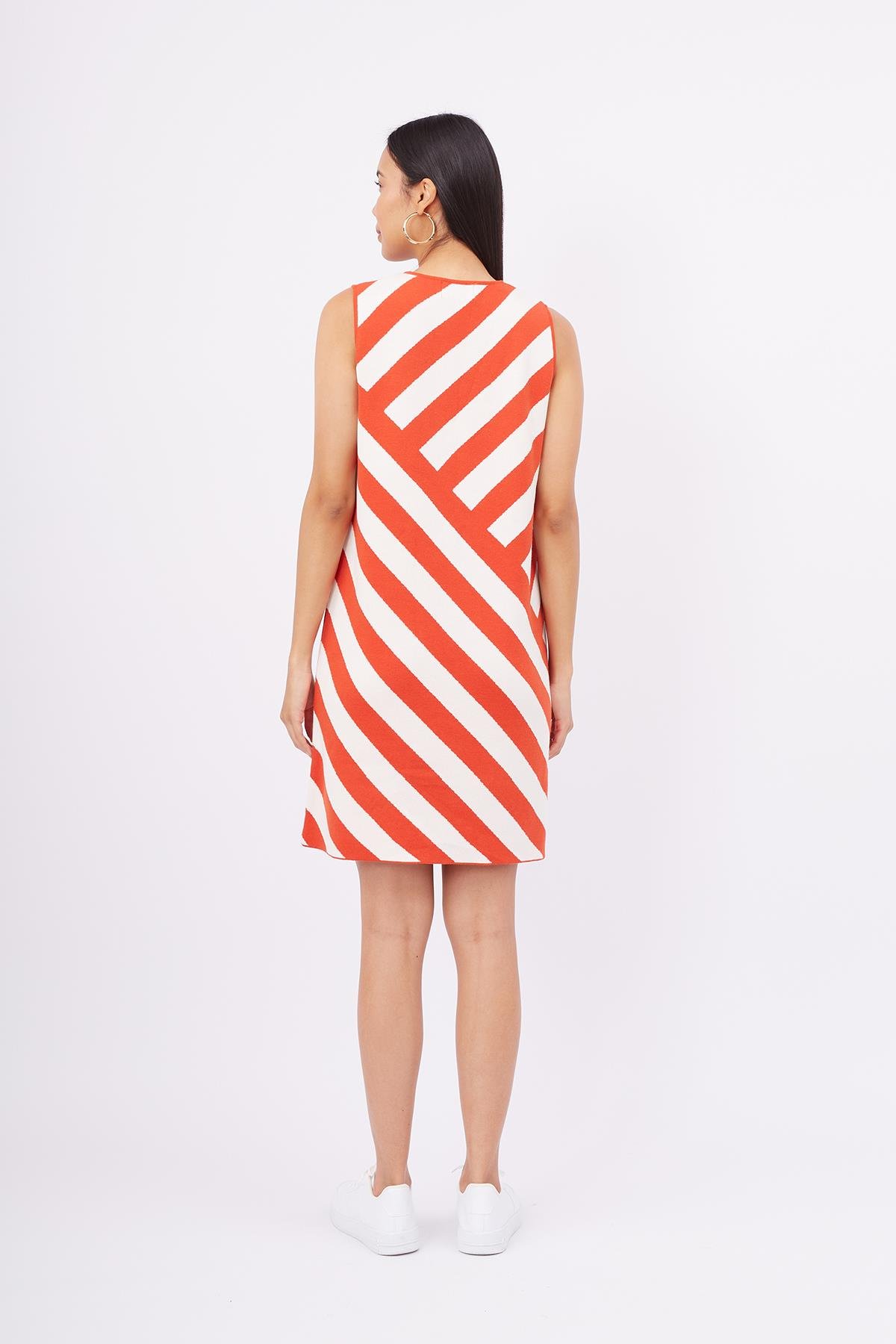 Peraluna PAULA DRESS Diagonal Çizgili A Form Kolsuz İnce Kadın Triko Elbise - Kırmızı/Beyaz