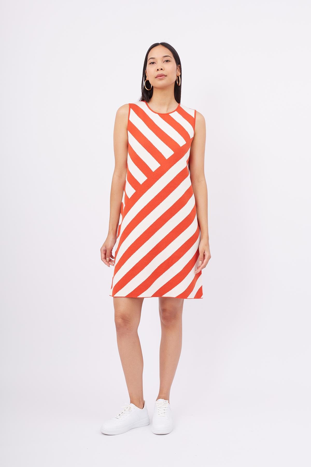 Peraluna PAULA DRESS Diagonal Çizgili A Form Kolsuz İnce Kadın Triko Elbise - Kırmızı/Beyaz