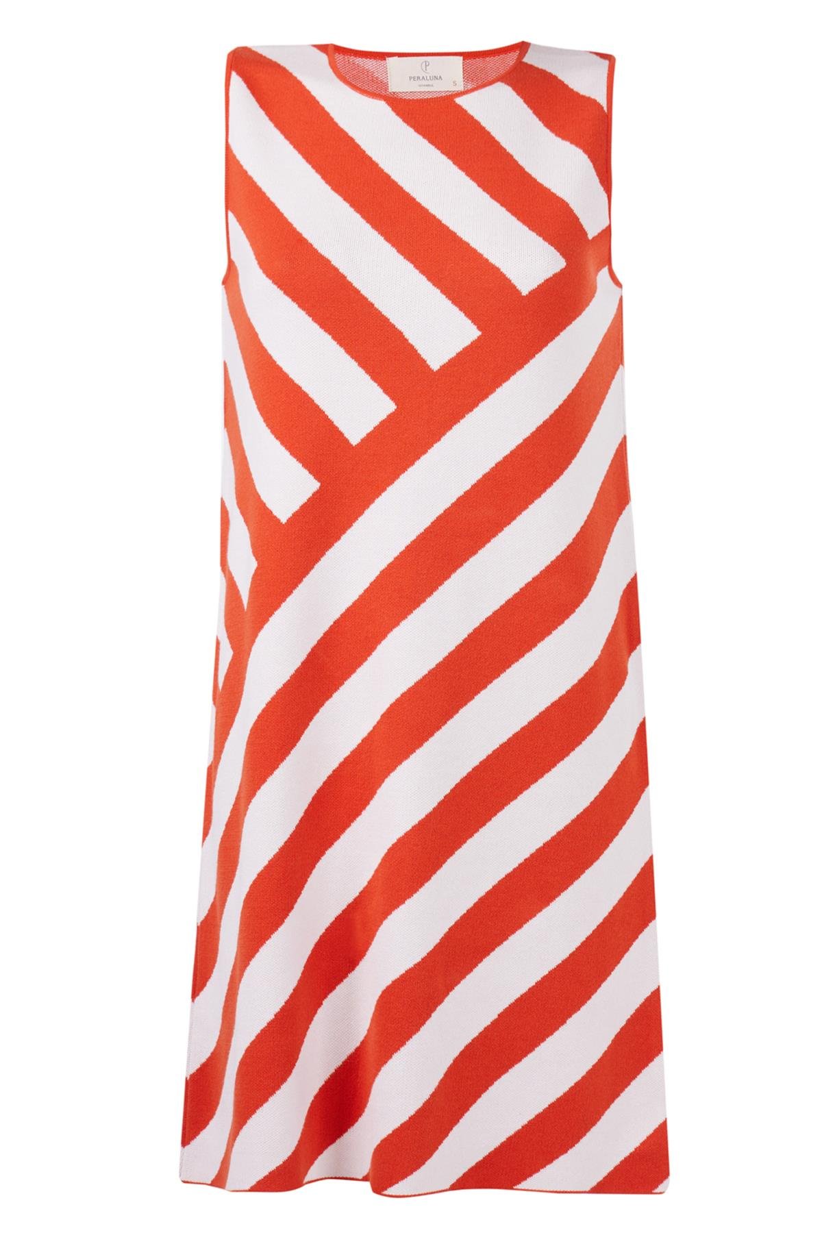 Peraluna PAULA DRESS Diagonal Çizgili A Form Kolsuz İnce Kadın Triko Elbise - Kırmızı/Beyaz