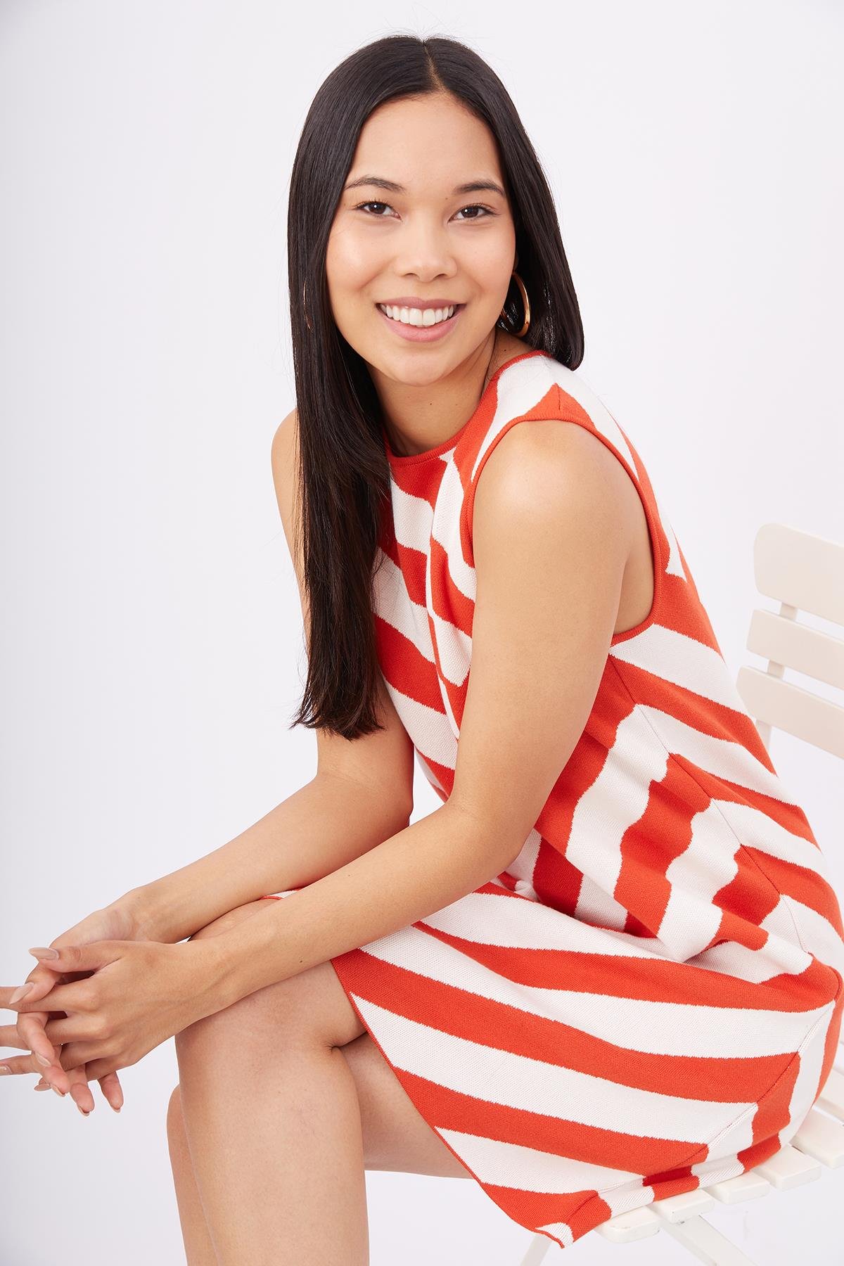 Peraluna PAULA DRESS Diagonal Çizgili A Form Kolsuz İnce Kadın Triko Elbise - Kırmızı/Beyaz