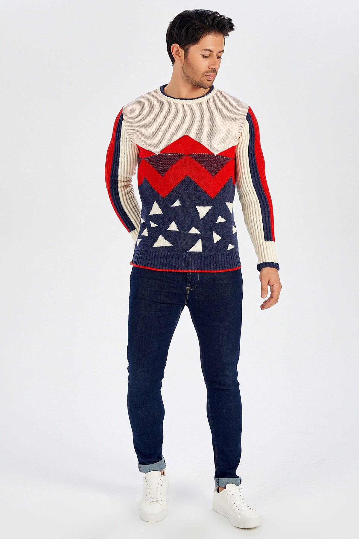 Peraluna Pyramid Patterned O-Neck Men's Knitwear Sweater - Multicolor