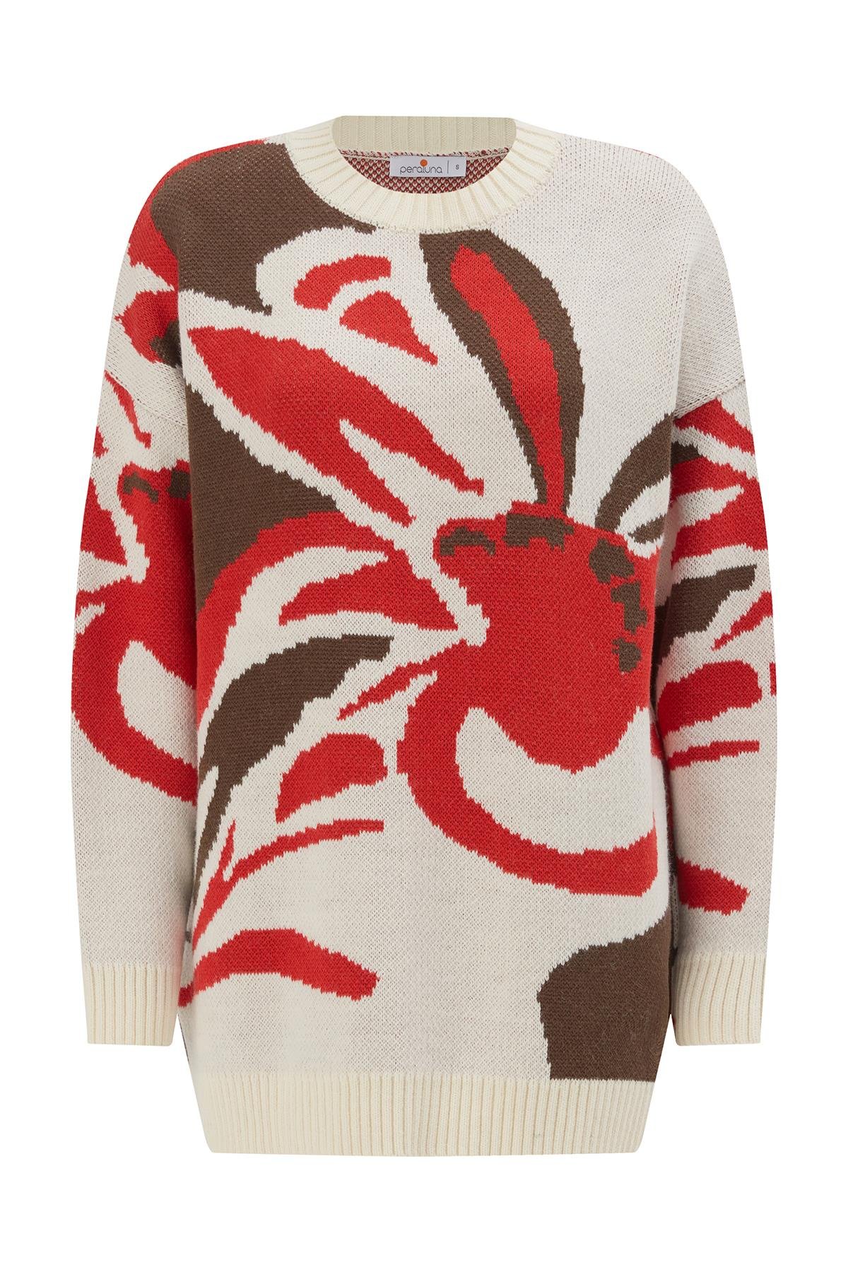 Peraluna POLINA PULLOVER Çiçek Desenli Uzun Kadın Triko Kazak Ekru Multi