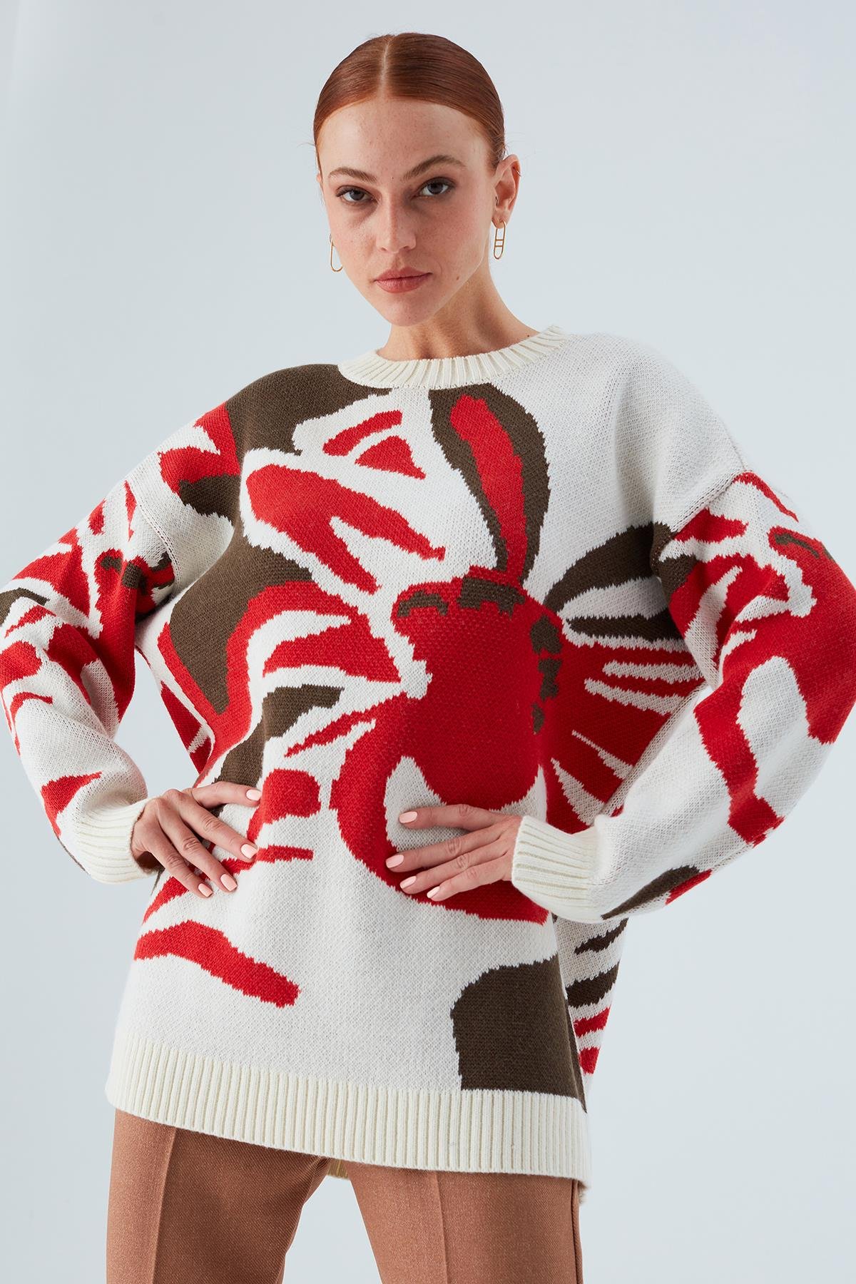 Peraluna POLINA PULLOVER Çiçek Desenli Uzun Kadın Triko Kazak Ekru Multi