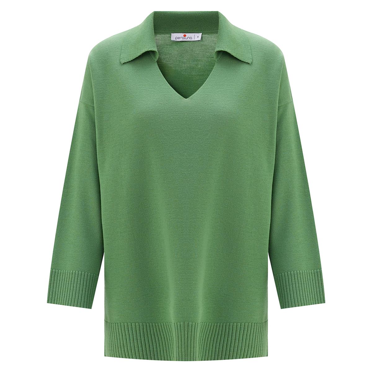 Peraluna Polo V Yaka Bol Kesim Kadın Triko Kazak Yeşil