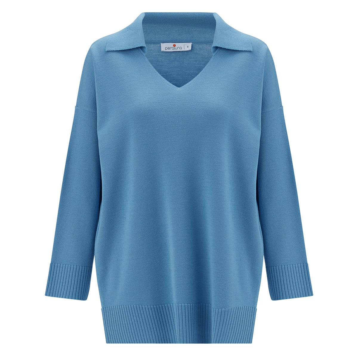 Peraluna Polo V Yaka Bol Kesim Kadın Triko Kazak Mavi