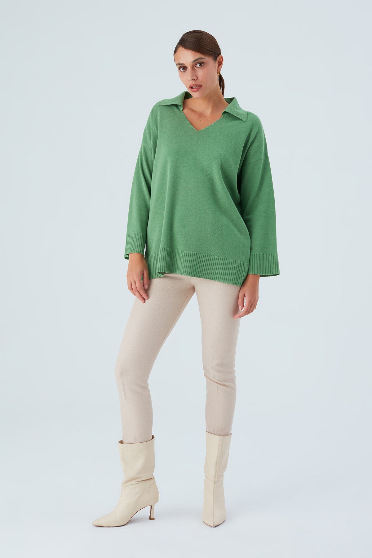 Peraluna Polo V-neck Loose Cut Women's Knitwear Sweater - Green
