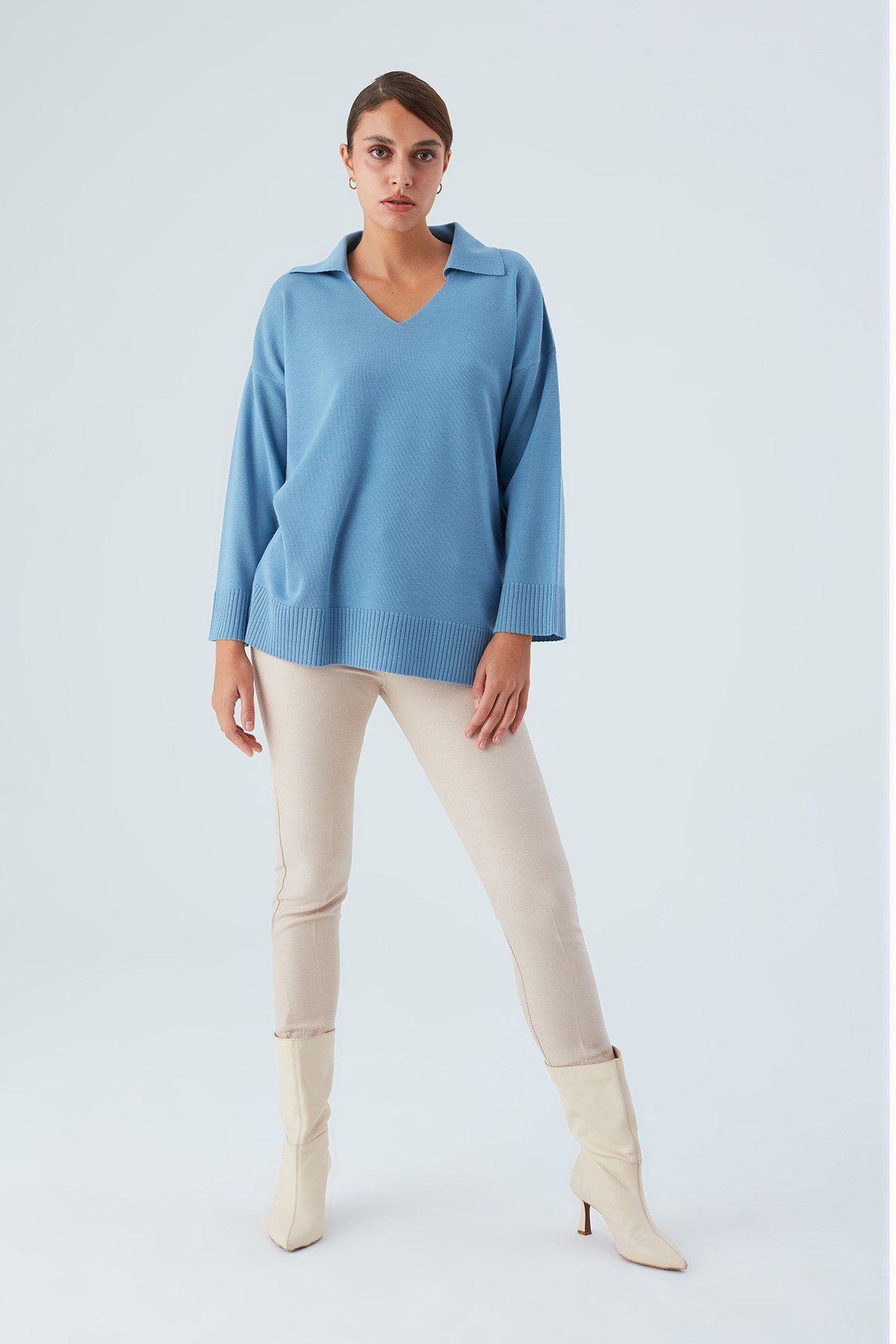 Peraluna Polo V-neck Loose Cut Women's Knitwear Sweater - Blue