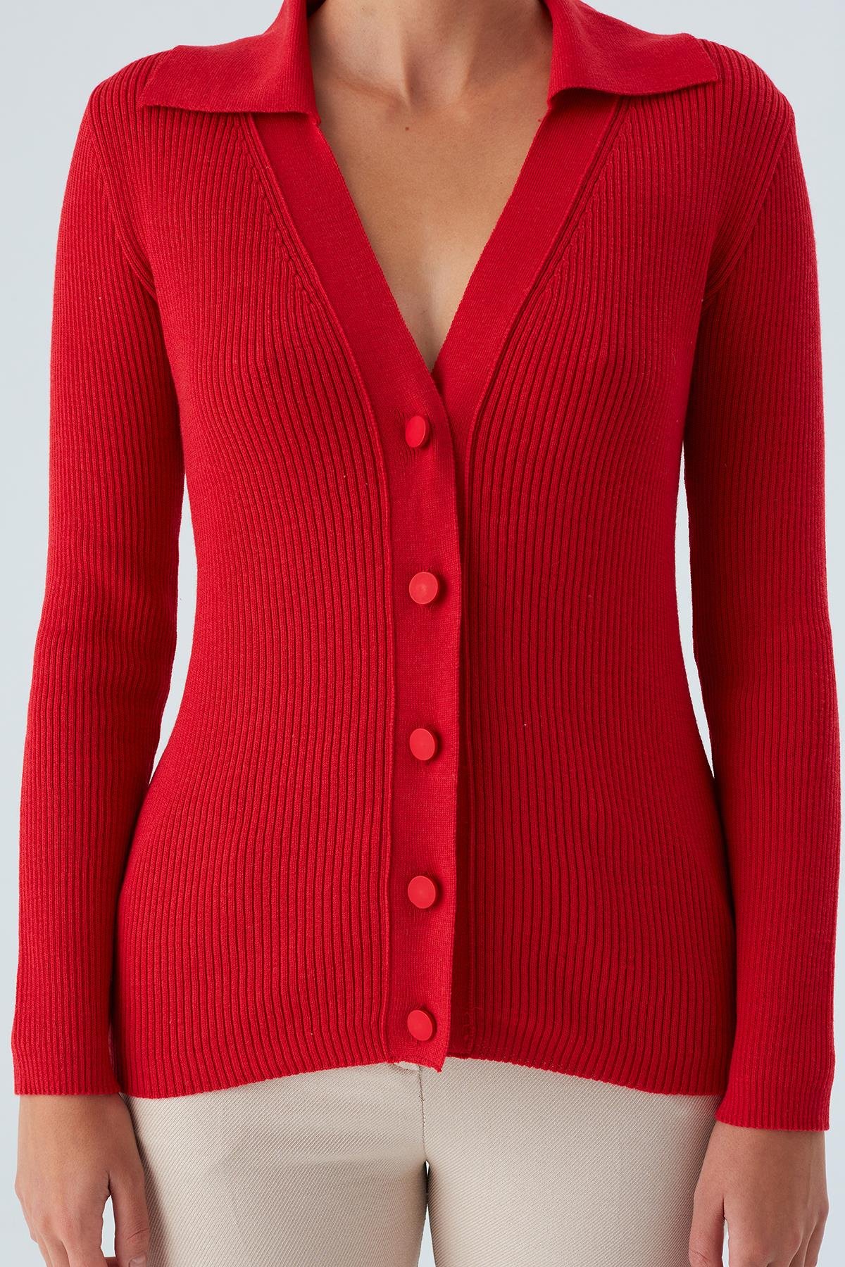 Peraluna Polo V Yaka Ribana Örgü Fit Kesim Kadın Triko Hırka Kırmızı