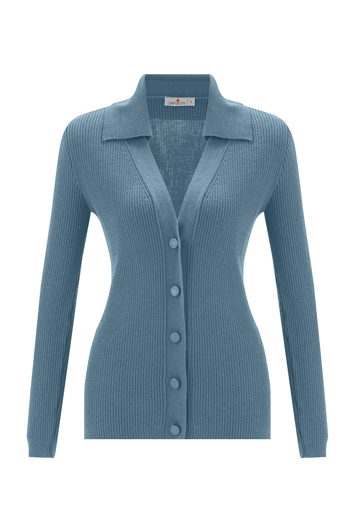 Peraluna Polo V Yaka Ribana Örgü Fit Kesim Kadın Triko Hırka Mavi