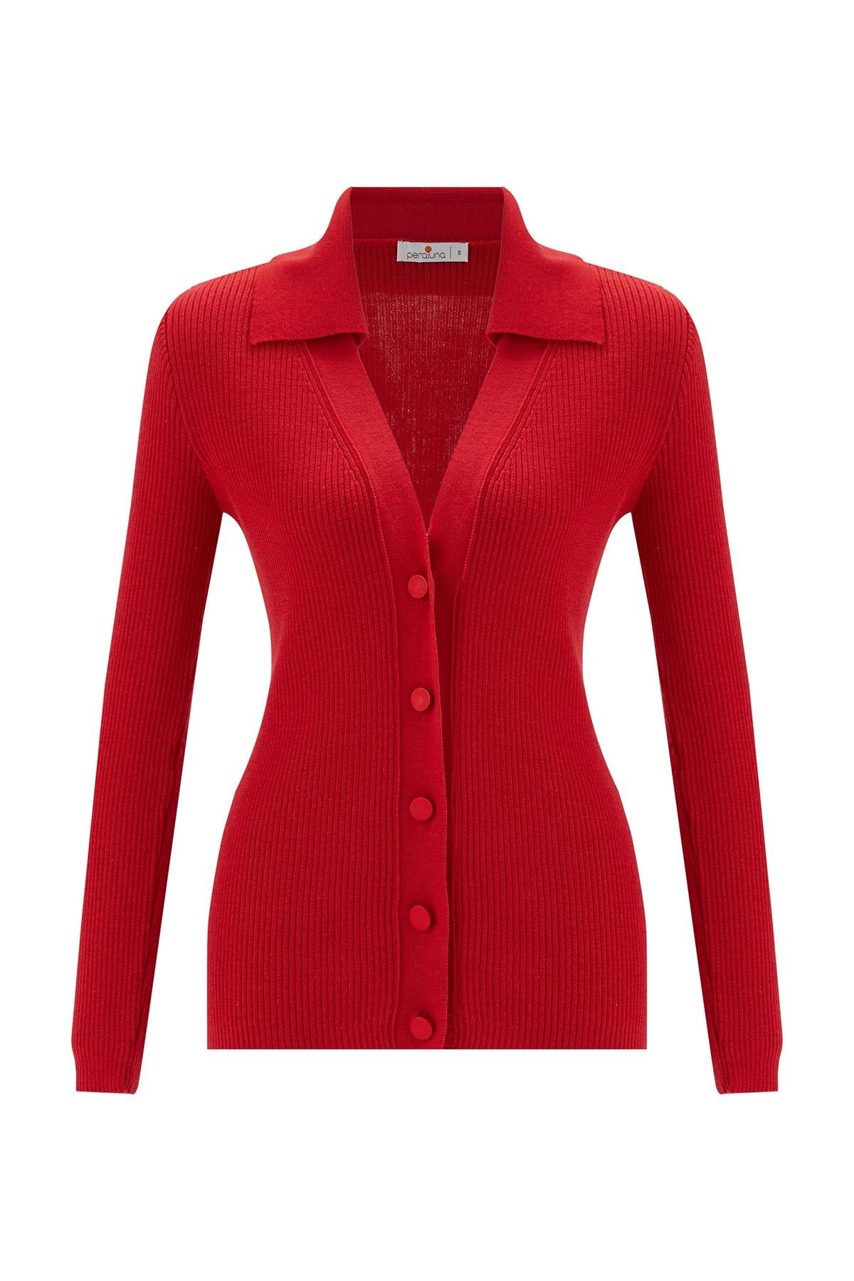 Peraluna Polo V Yaka Ribana Örgü Fit Kesim Kadın Triko Hırka Kırmızı