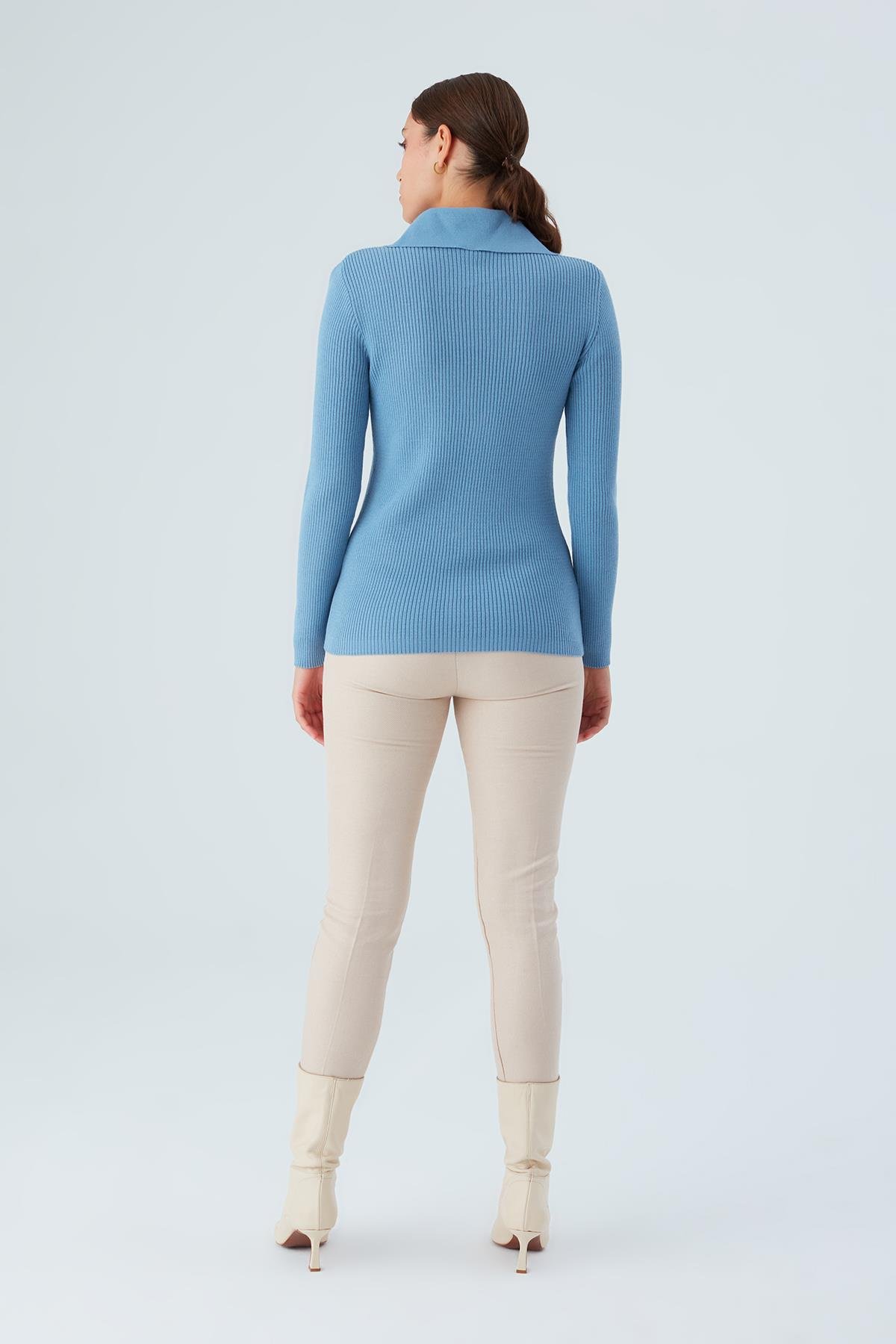 Peraluna Polo V Yaka Ribana Örgü Fit Kesim Kadın Triko Hırka Mavi