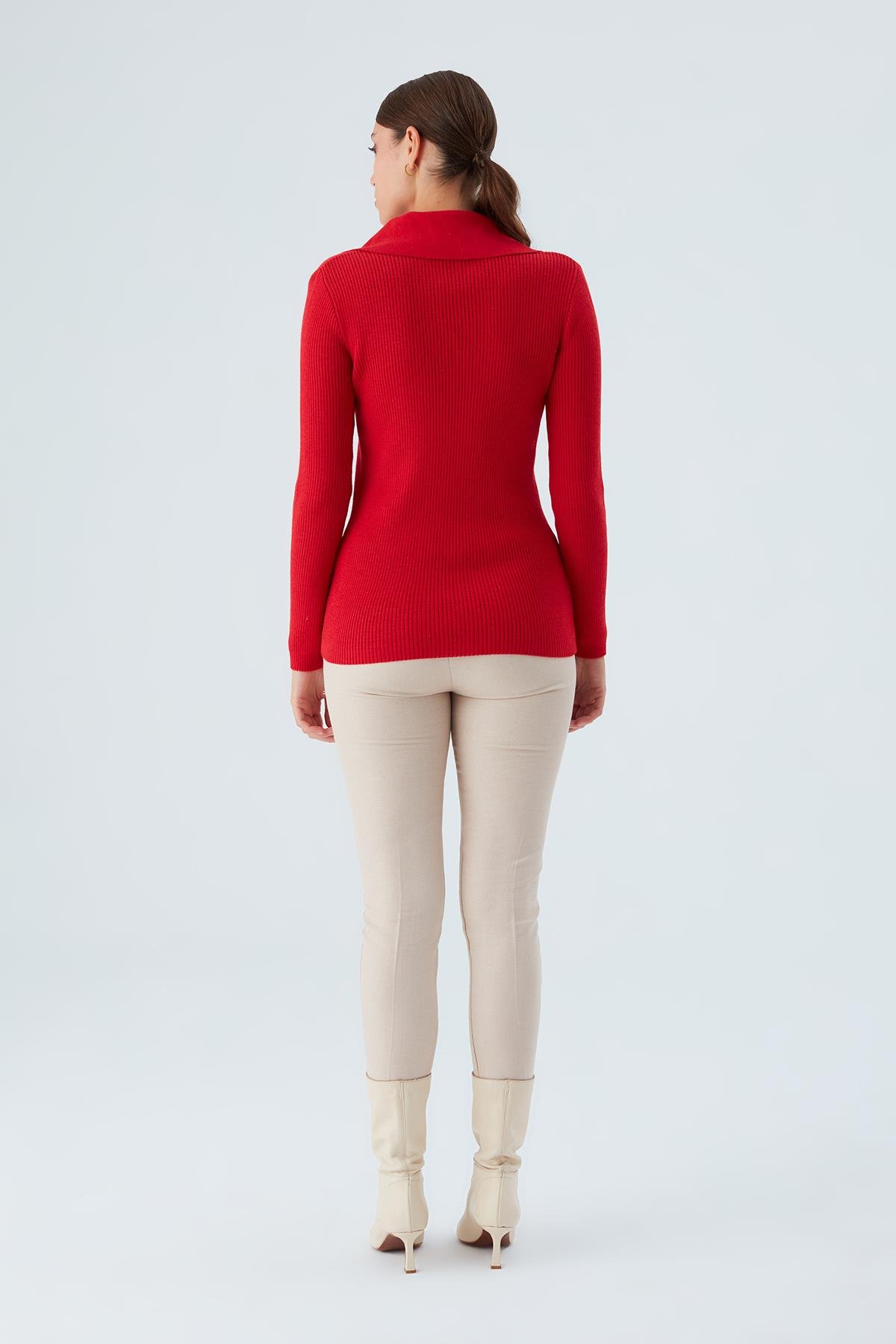 Peraluna Polo V Yaka Ribana Örgü Fit Kesim Kadın Triko Hırka Kırmızı