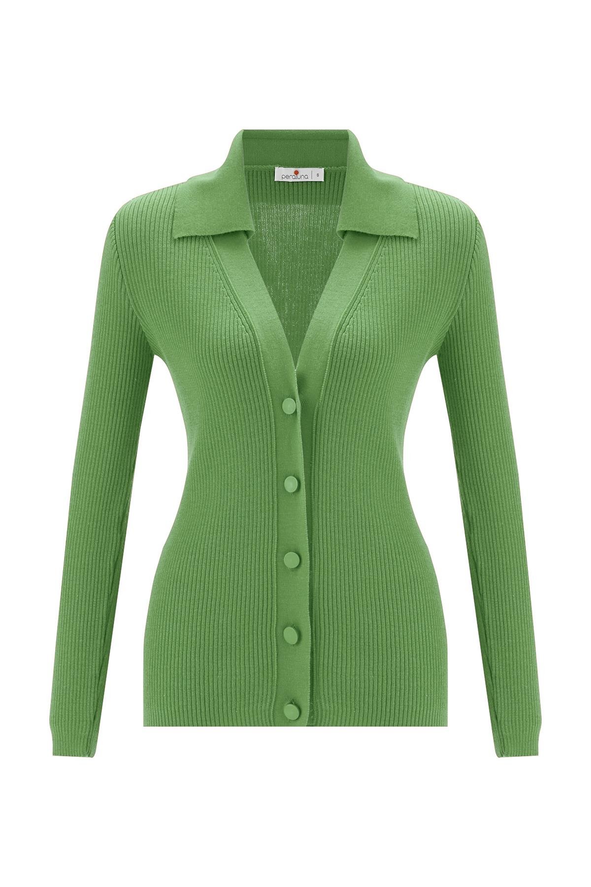 Peraluna Polo V Yaka Ribana Örgü Fit Kesim Kadın Triko Hırka Yeşil