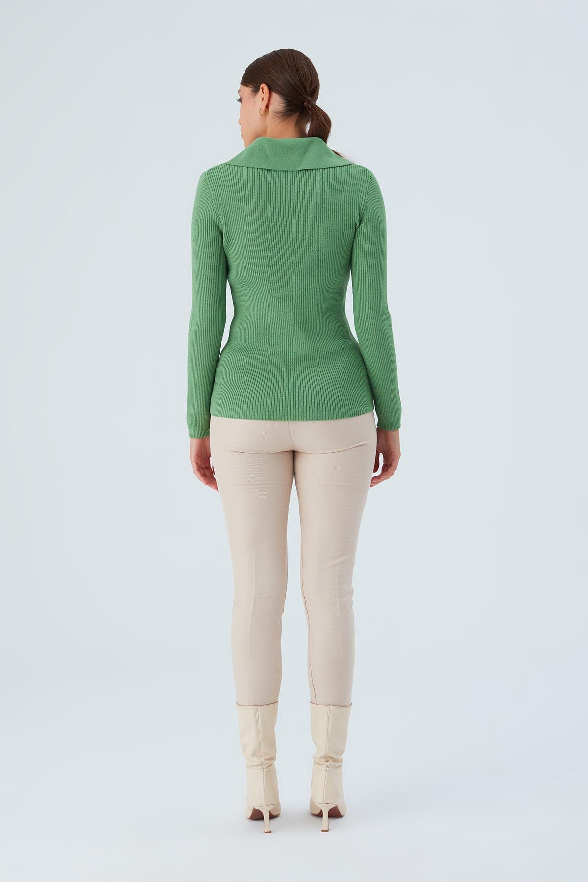 Peraluna Polo V Yaka Ribana Örgü Fit Kesim Kadın Triko Hırka Yeşil