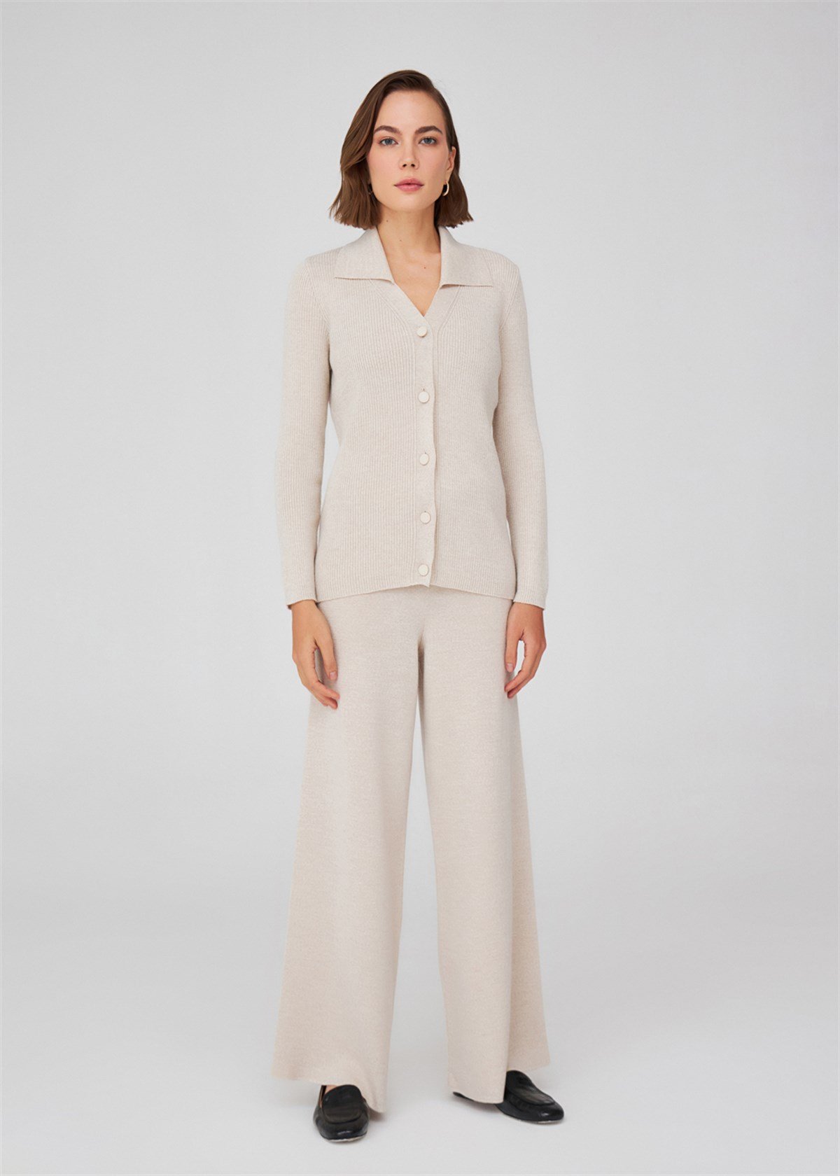 Peraluna Polo V-neck Ribbed Women Knitwear Cardigan - Ecru Melange