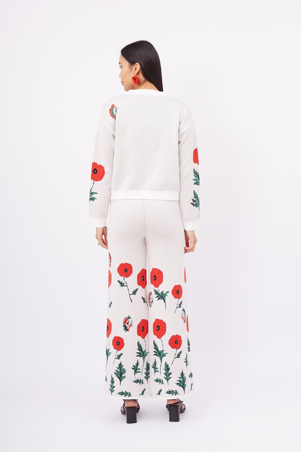 Peraluna POPPY CARDIGAN Gelincik Desen Bisiklet Yaka Rahat Kesim Kadın Triko Hırka - Ekru