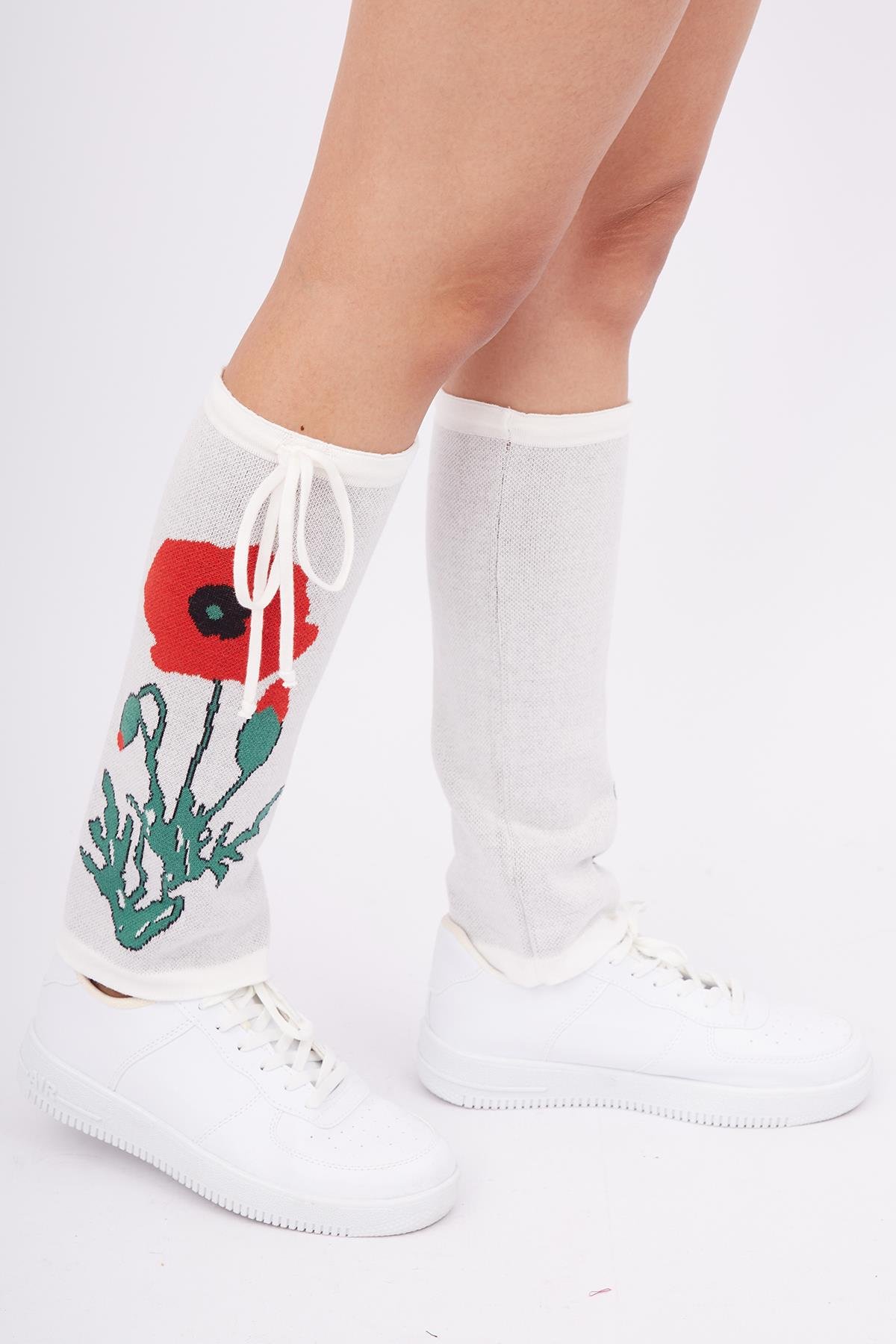 Peraluna POPPY LEGGINGS Gelincik Desenli Triko Tozluk - Ekru