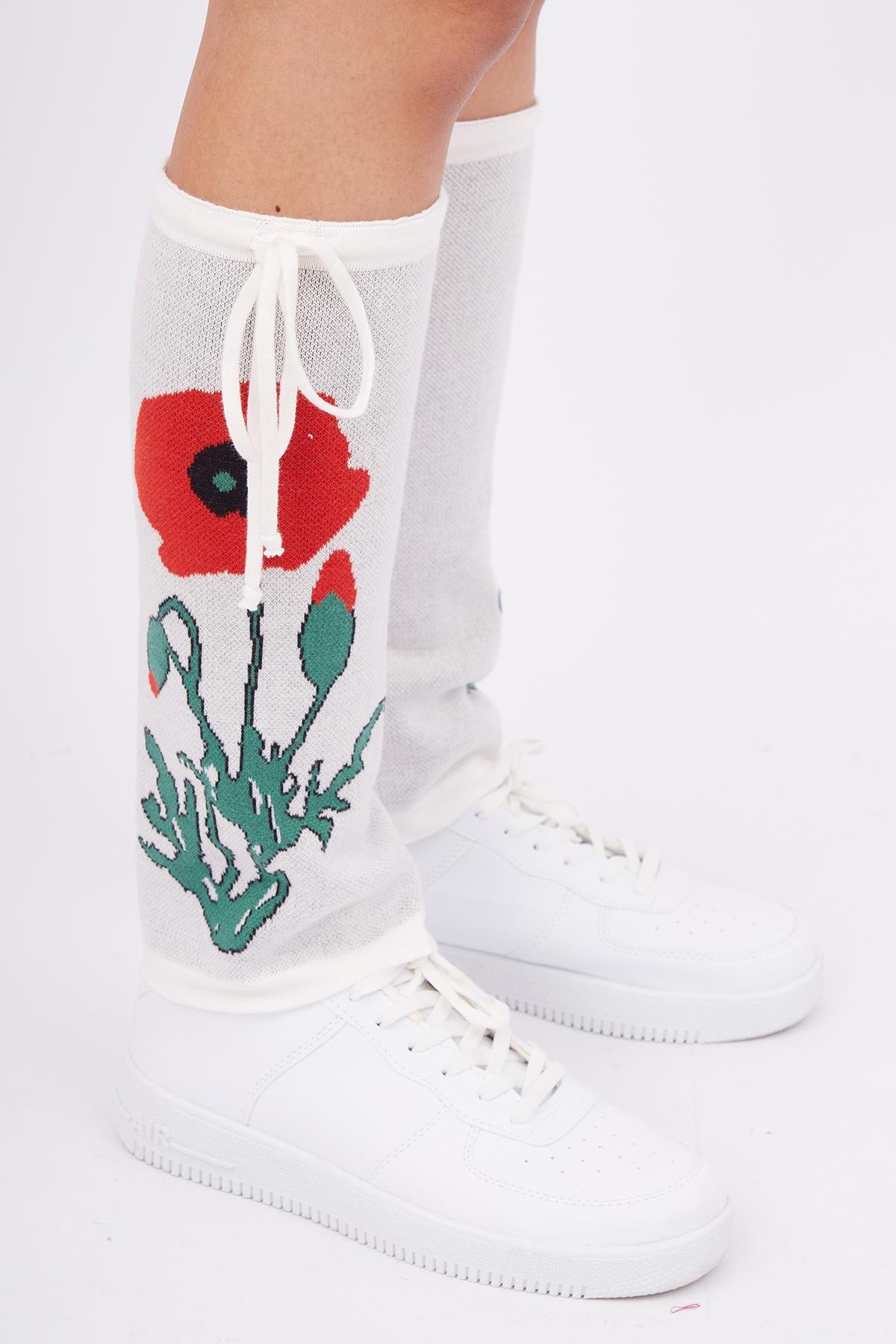 Peraluna POPPY LEGGINGS Gelincik Desenli Triko Tozluk - Ekru