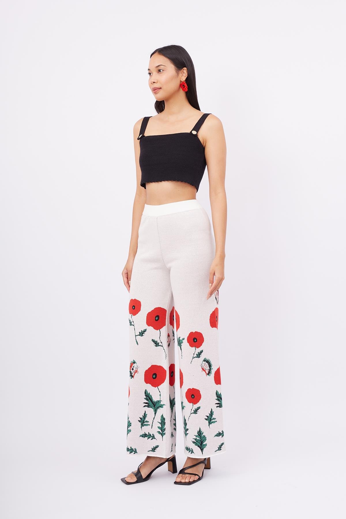 Peraluna POPPY TROUSER Gelincik Desen Yüksek Bel Rahat Kesim Beli Lastikli Kadın Triko Pantolon - Ekru