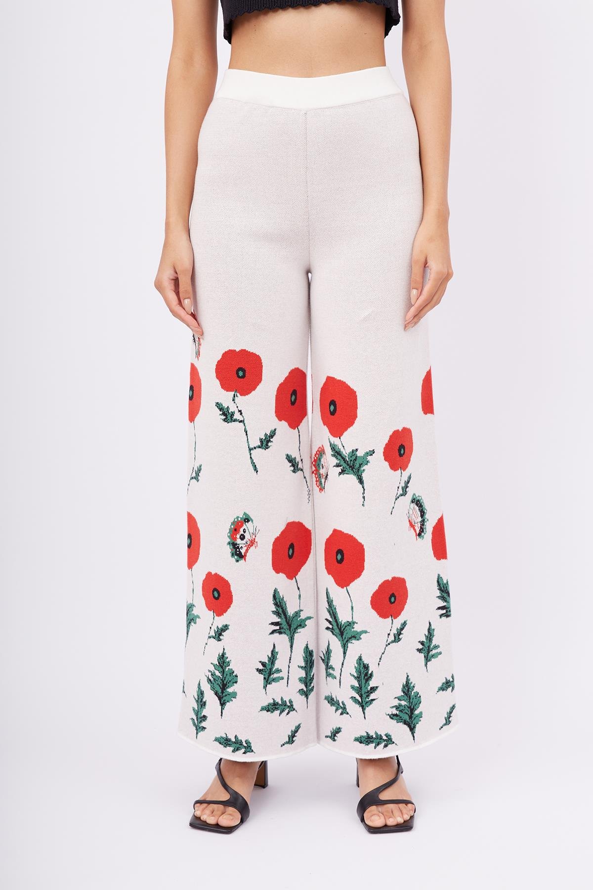 Peraluna POPPY TROUSER Gelincik Desen Yüksek Bel Rahat Kesim Beli Lastikli Kadın Triko Pantolon - Ekru