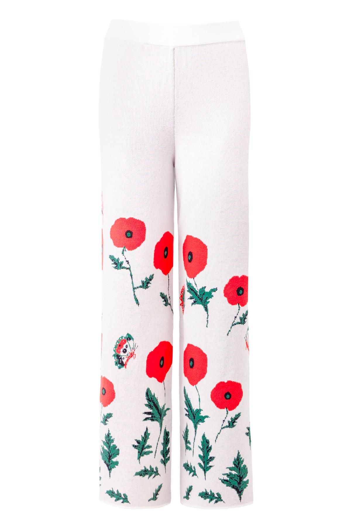 Peraluna POPPY TROUSER Gelincik Desen Yüksek Bel Rahat Kesim Beli Lastikli Kadın Triko Pantolon - Ekru