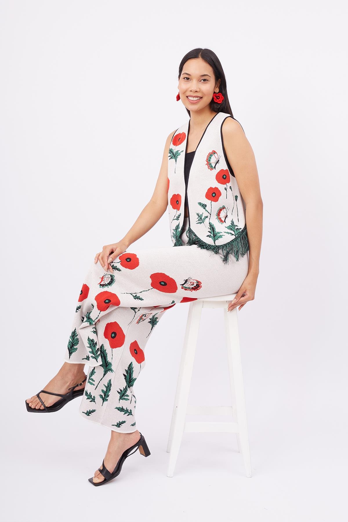 Peraluna POPPY TROUSER Gelincik Desen Yüksek Bel Rahat Kesim Beli Lastikli Kadın Triko Pantolon - Ekru