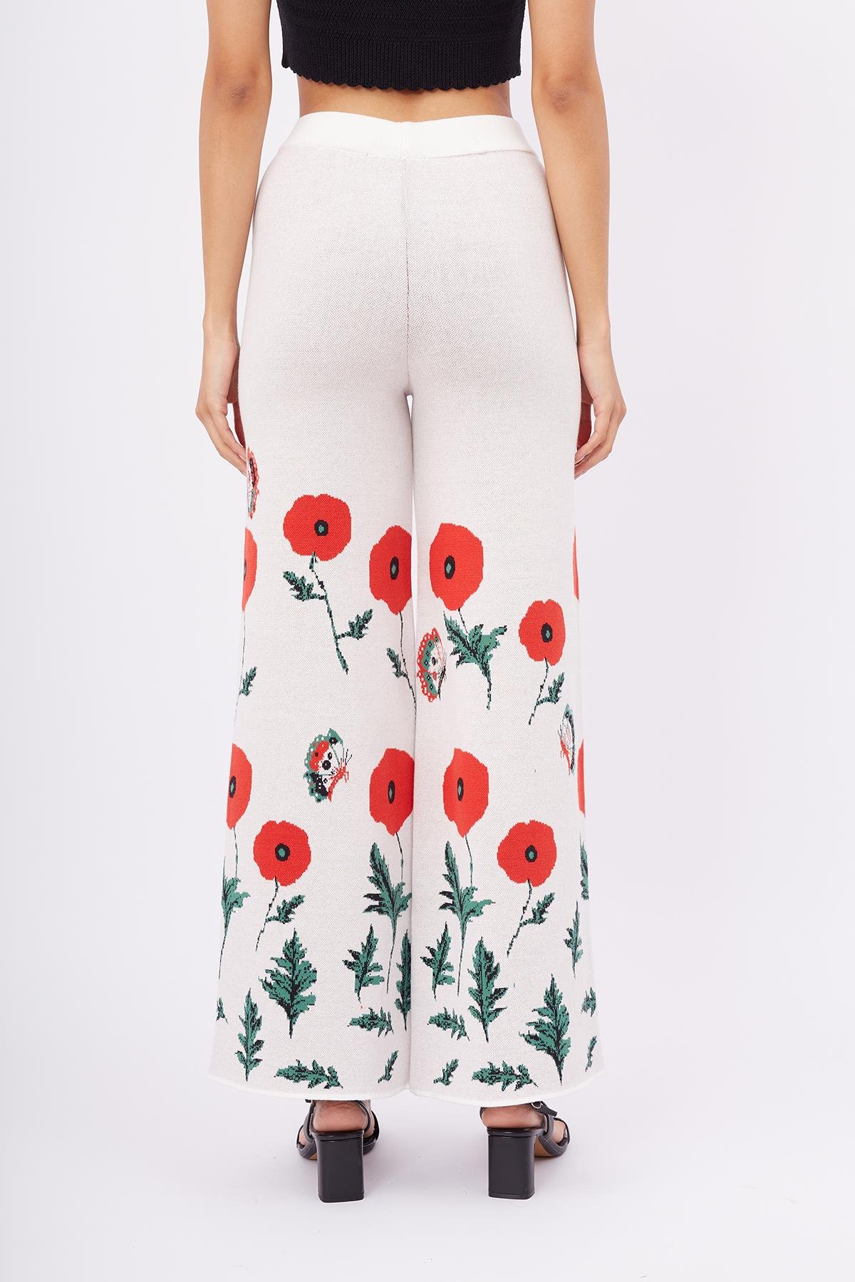 Peraluna POPPY TROUSER Gelincik Desen Yüksek Bel Rahat Kesim Beli Lastikli Kadın Triko Pantolon - Ekru