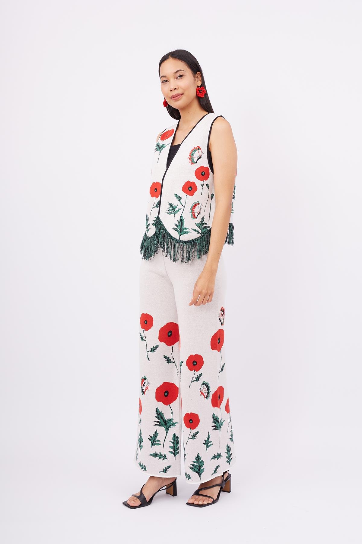 Peraluna POPPY TROUSER Gelincik Desen Yüksek Bel Rahat Kesim Beli Lastikli Kadın Triko Pantolon - Ekru