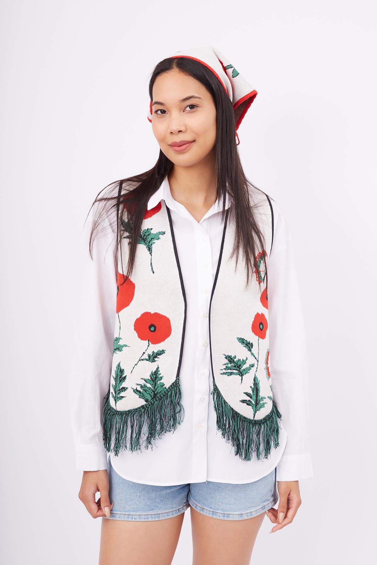 Peraluna POPPY WAISTCOAT Gelincik Desen V Yaka Eteği Püskül Detaylı Rahat Kesim Kadın Triko Yelek - Ekru Multi