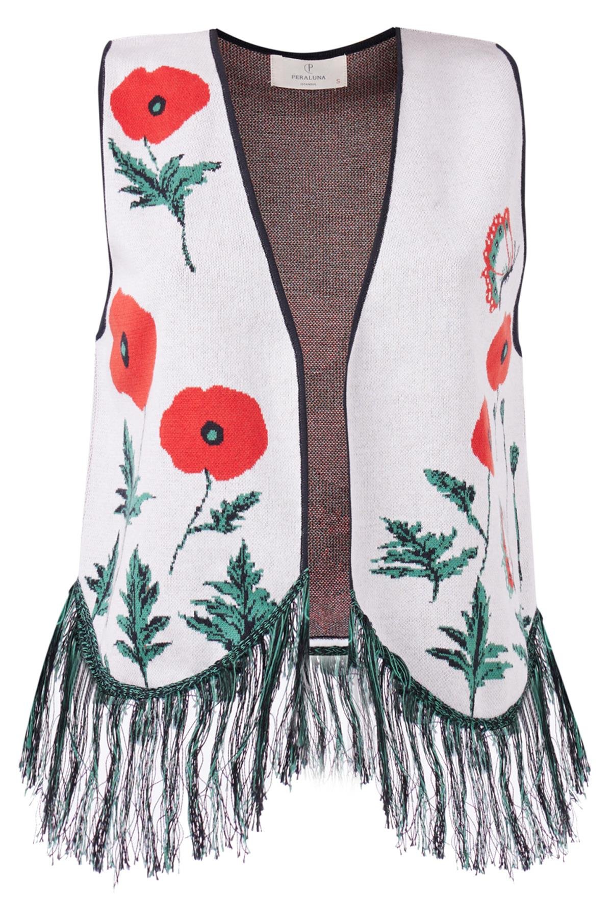 Peraluna POPPY WAISTCOAT Gelincik Desen V Yaka Eteği Püskül Detaylı Rahat Kesim Kadın Triko Yelek - Ekru Multi