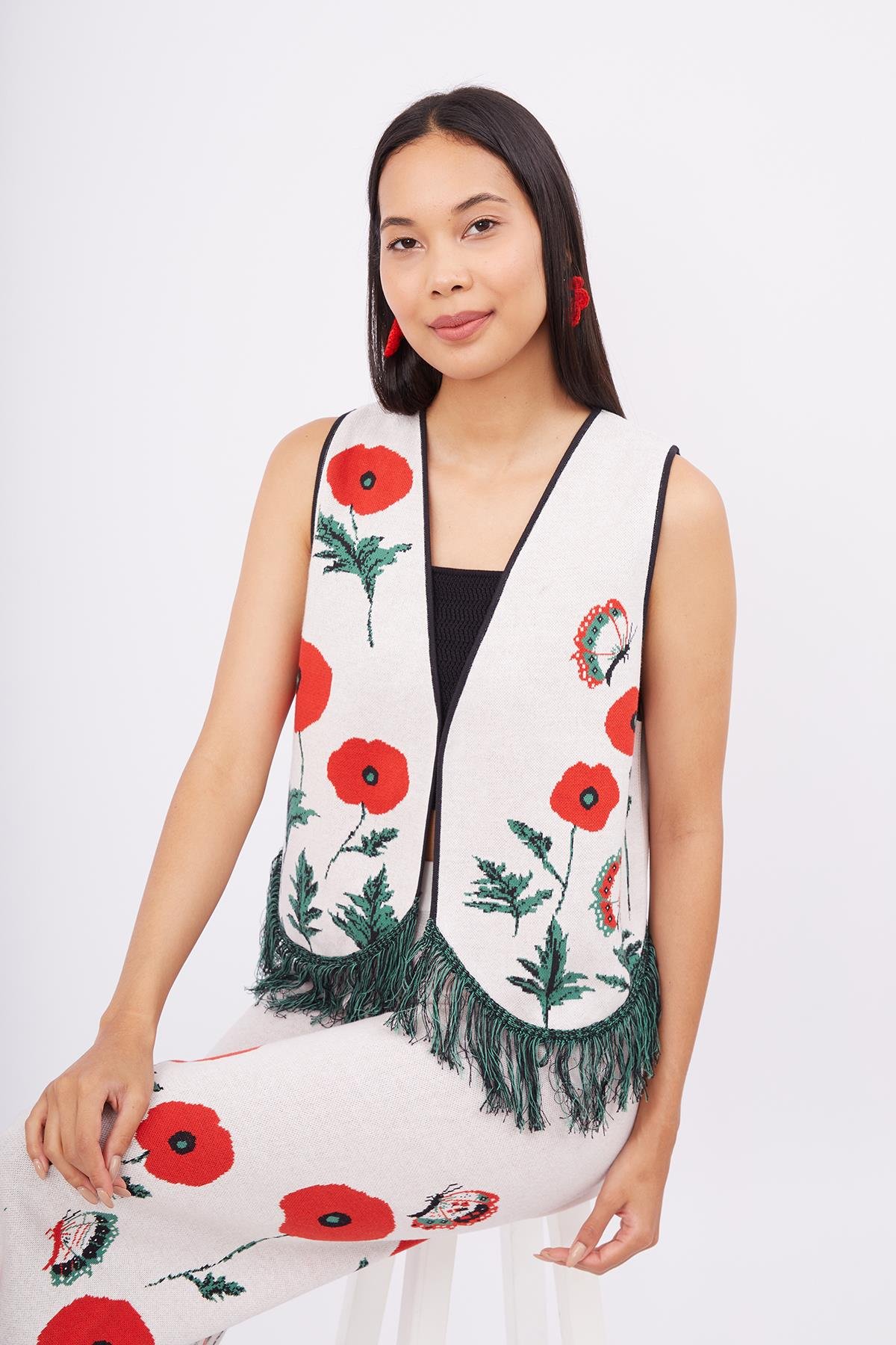 Peraluna POPPY WAISTCOAT Gelincik Desen V Yaka Eteği Püskül Detaylı Rahat Kesim Kadın Triko Yelek - Ekru Multi