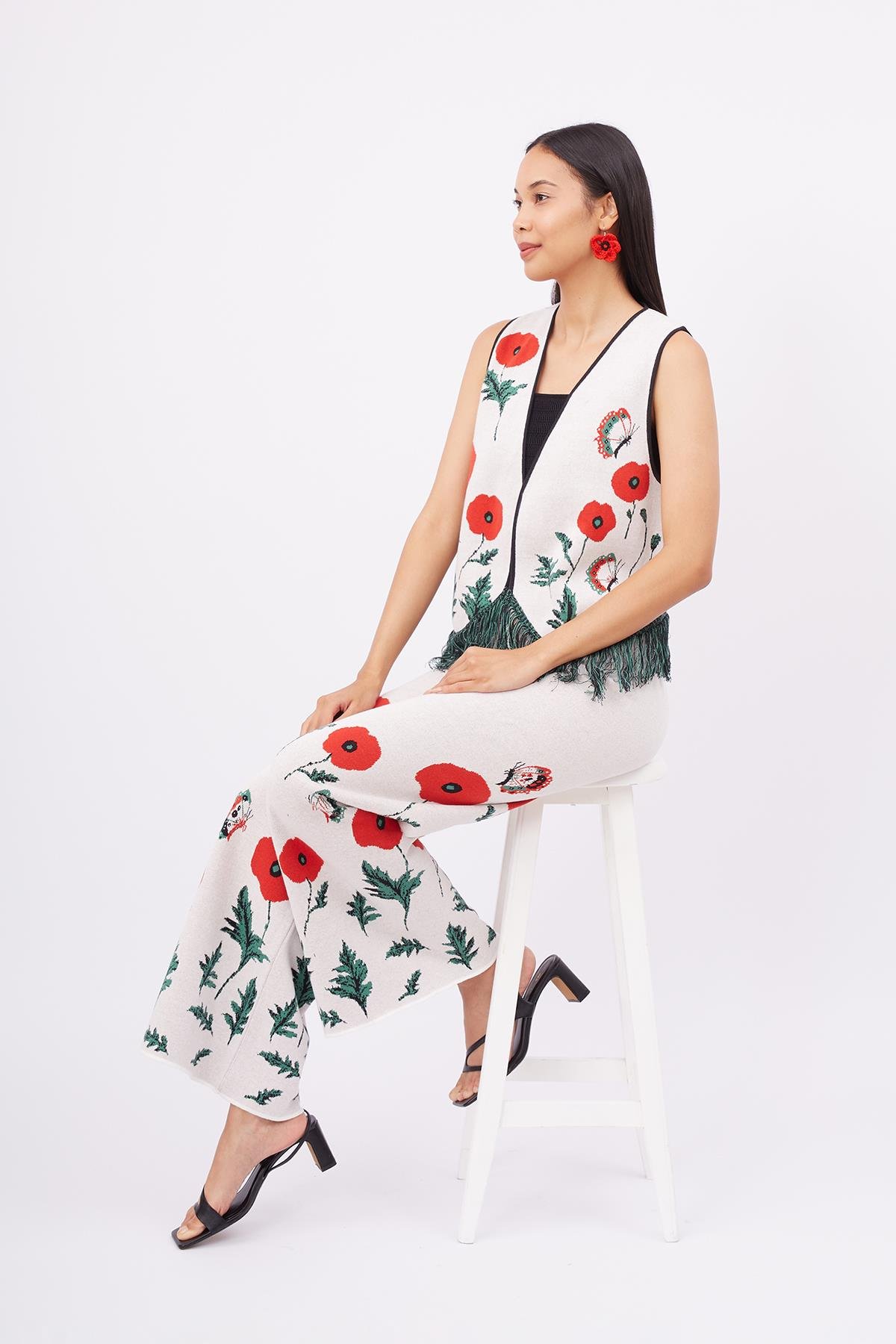 Peraluna POPPY WAISTCOAT Gelincik Desen V Yaka Eteği Püskül Detaylı Rahat Kesim Kadın Triko Yelek - Ekru Multi