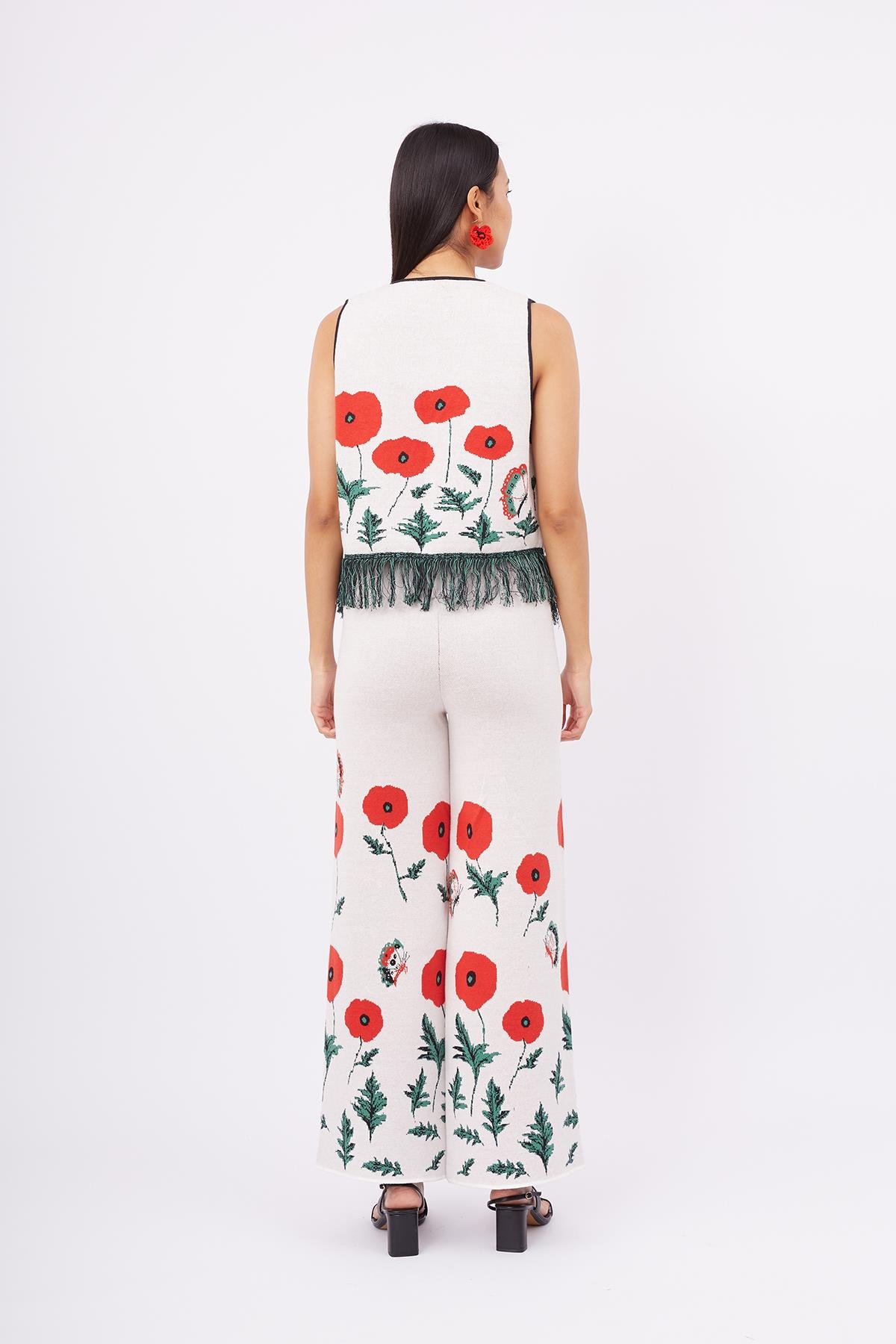 Peraluna POPPY WAISTCOAT Gelincik Desen V Yaka Eteği Püskül Detaylı Rahat Kesim Kadın Triko Yelek - Ekru Multi