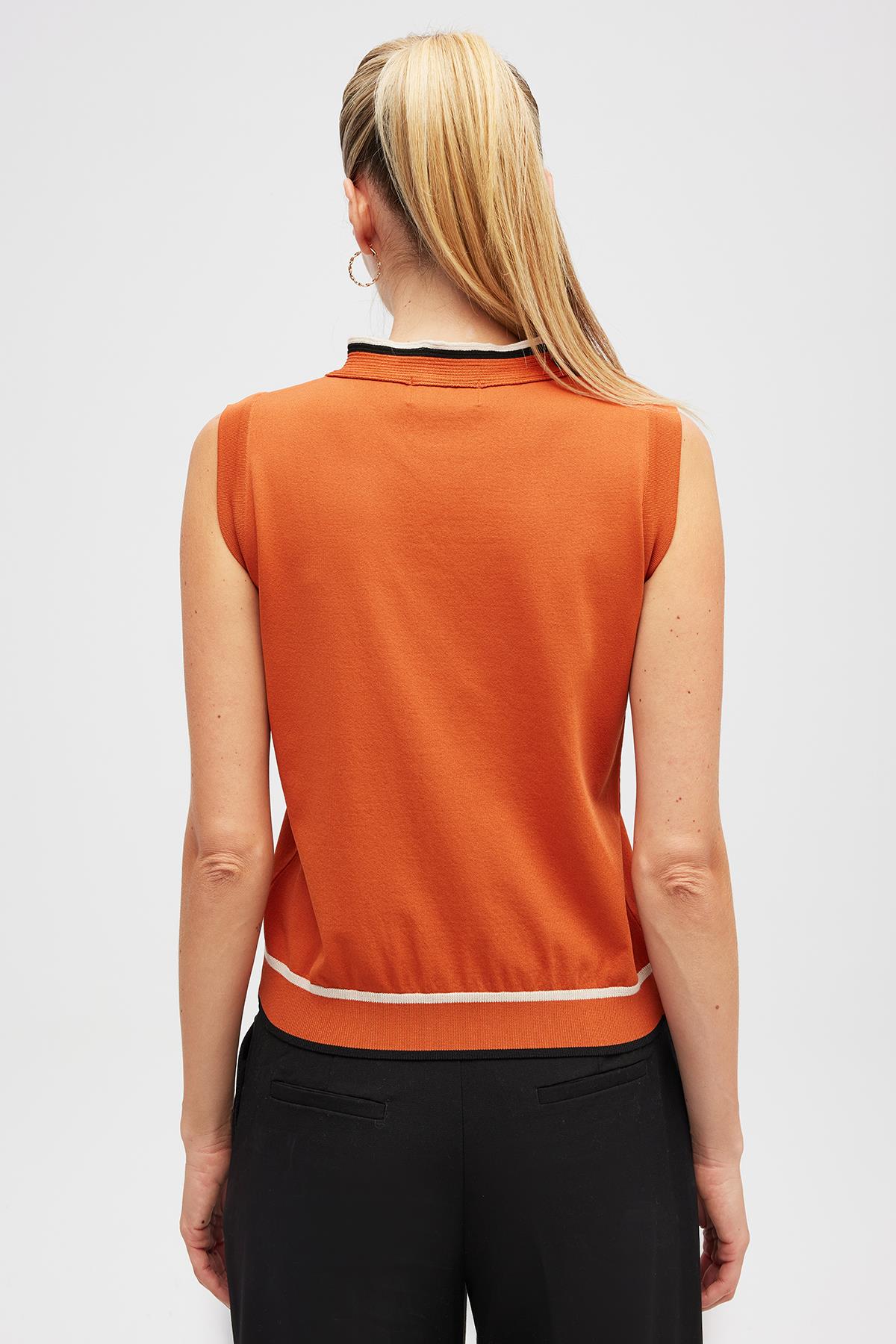 Peraluna Priscilla Çizgi Detaylı Fiyonklu Kadın Triko Bluz - Yanık Turuncu