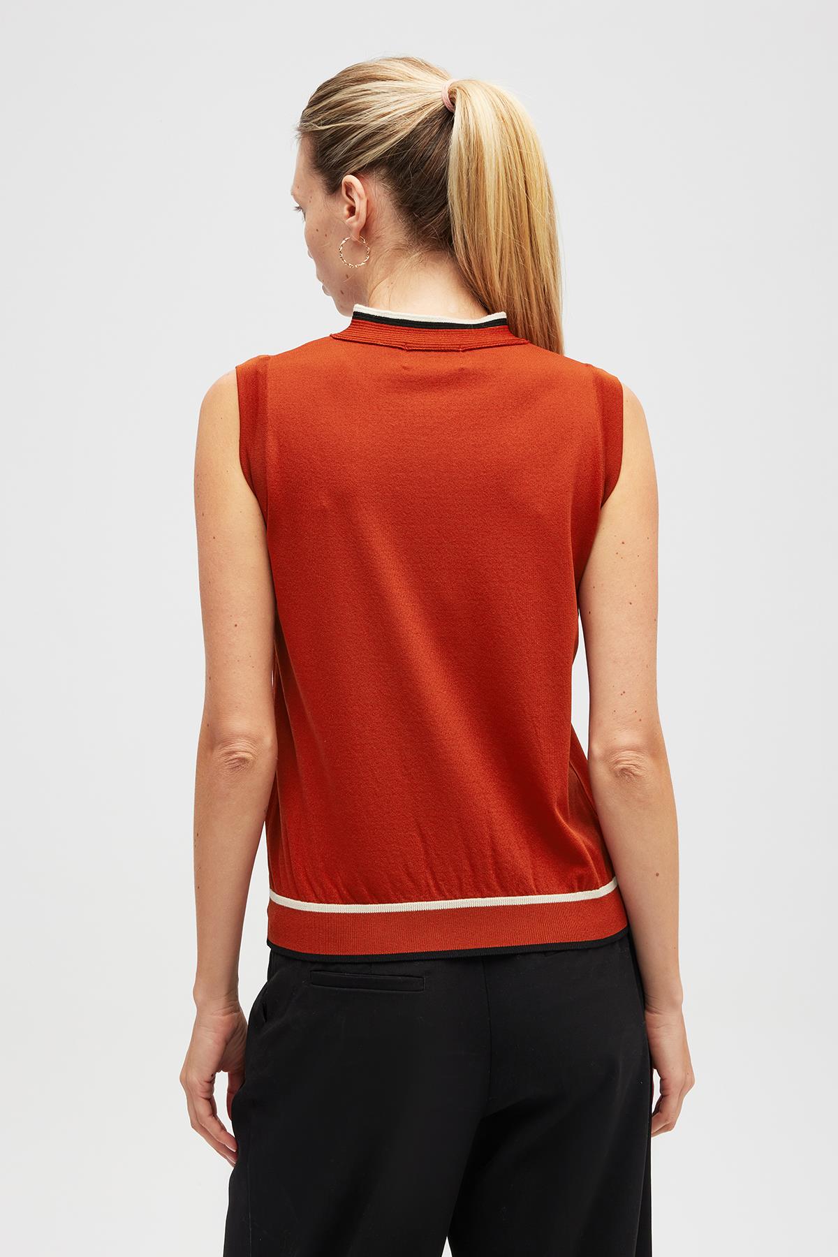 Peraluna Priscilla Çizgi Detaylı Fiyonklu Kadın Triko Bluz - Kiremit