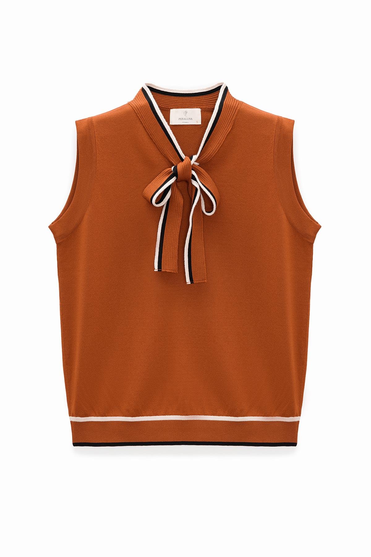 Peraluna Priscilla Çizgi Detaylı Fiyonklu Kadın Triko Bluz - Yanık Turuncu