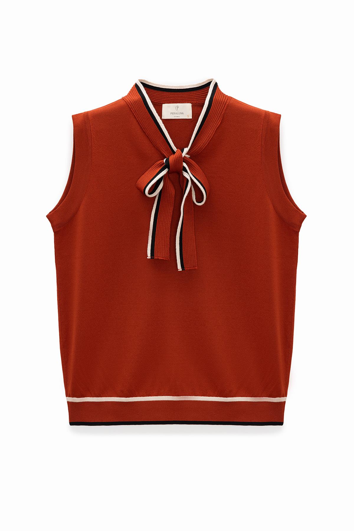 Peraluna Priscilla Çizgi Detaylı Fiyonklu Kadın Triko Bluz - Kiremit